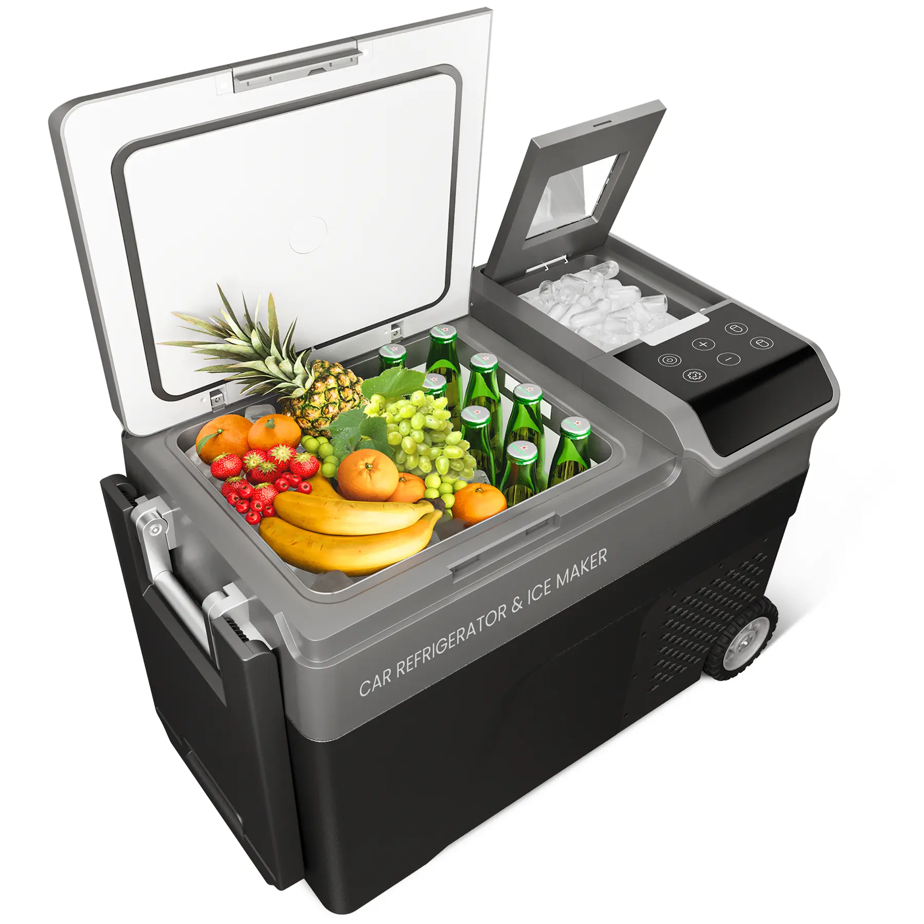40QT Portable Car Refrigerator with Ice Maker, 12V Electric Cooler Freezer with Wheels & Handle for Camping, Travel & Outdoor