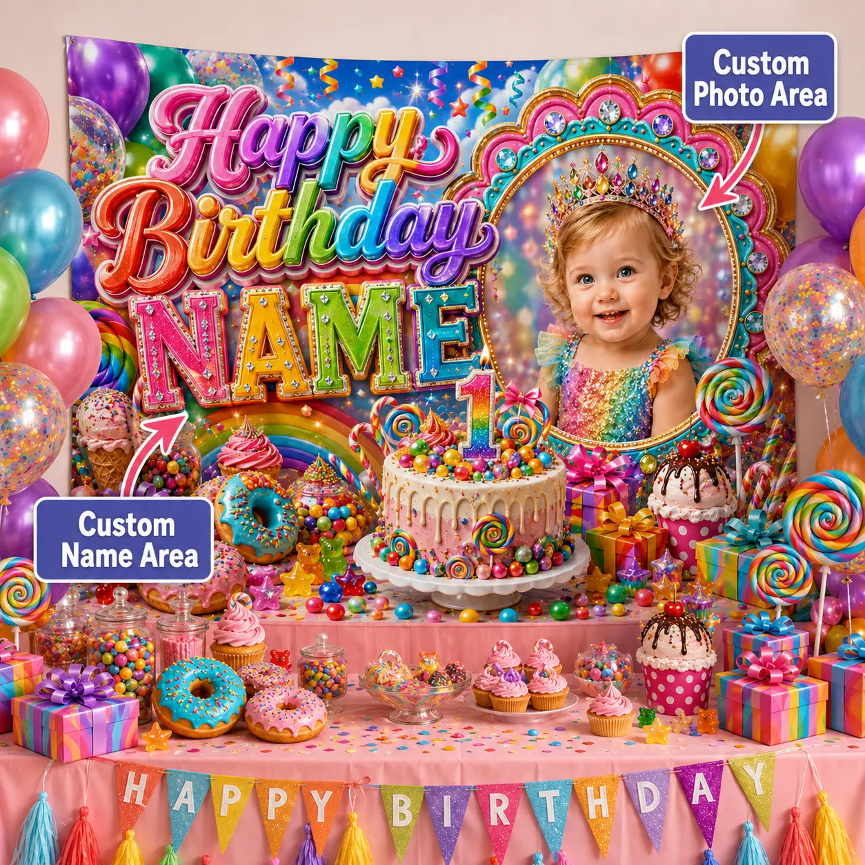 Personalized Rainbow Candy 1st Birthday Backdrop with Photo and Name, Balloons, Lollipops, Donuts, Cake and Gifts