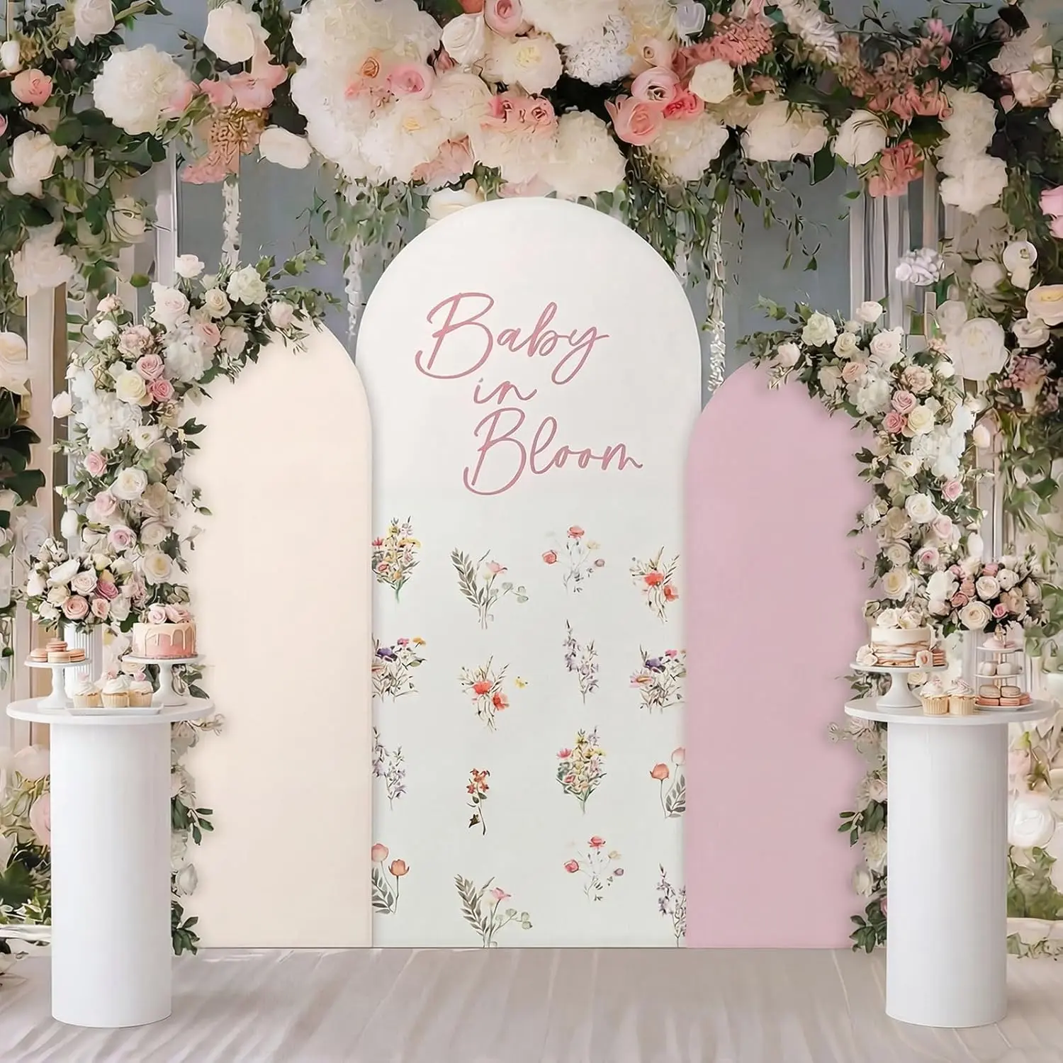 3 count  Shower Arch Backdrop Cover  in Bloom Photo Background Decor 2-Sided Round Top Cute Wildflower Backdrop Arch Cover for Bridal Shower Birthday Party Decor 6 ft/5 ft/4 ft ()