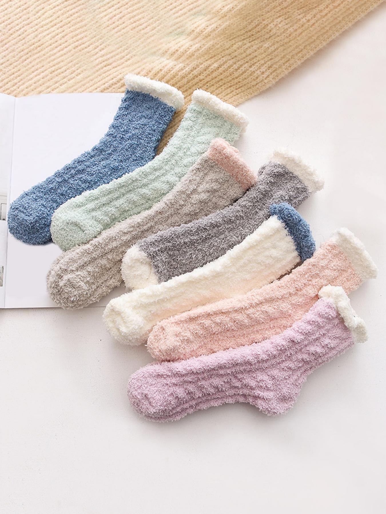 Women's Colorblock Fuzzy Fitted Crew Socks, Soft Comfy Warm Elegance Chic Mid-calf Socks for Fall & Winter, Polyester Women's Socks for Daily Wear, Cold Weather Gear Womenswear Lady