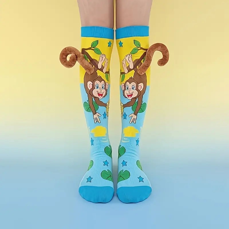 Boys' 1-Pair Fluffy Knee-High Socks, Face Print Plush Design, Soft for Daily Use, Themed Parties, Quirky Teen Outfits