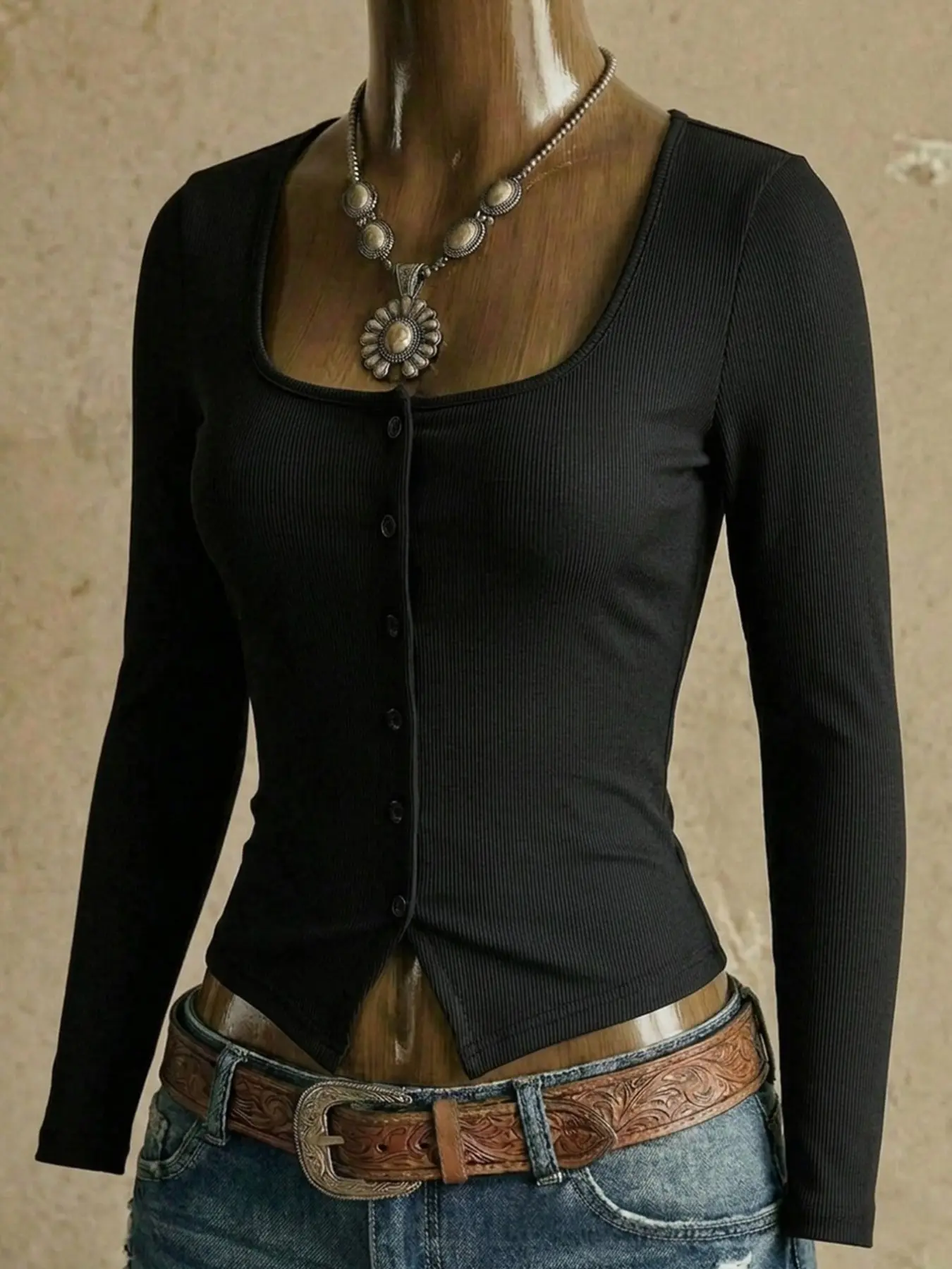 European and American Style Sexy V-Neck Long Sleeve Blouse Shirts, Plain Surface Fitted Top, Y2K Fashion, All Seasons Wear