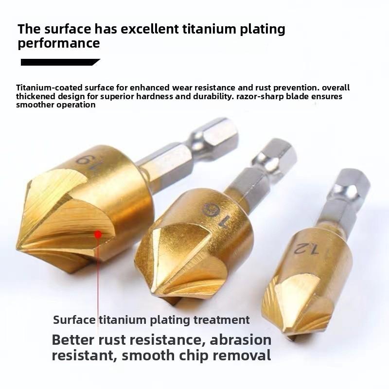 Six-piece woodworking chamfering tool set, five-blade chamfering knife, wood countersink drill, deburring tool, woodworking hole opener set