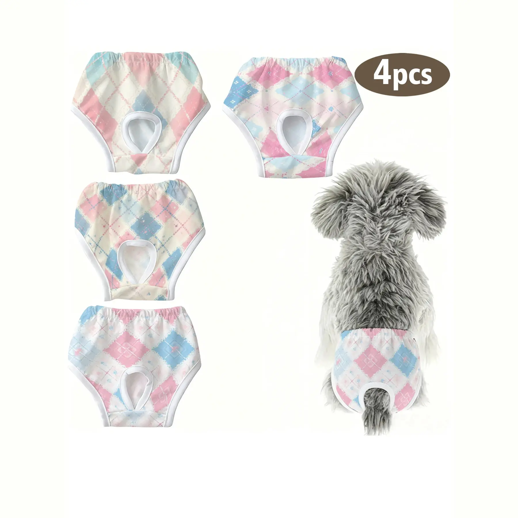 4-Pack Cute Pet Puppy Cat Panties, Hand-Drawn Blue Rhombus Print, Anti-Peck Underwear for Small Dogs and Cats, Ideal for Holidays, Home, Travel