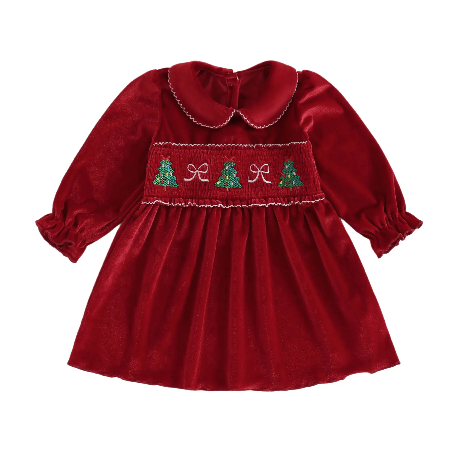 Toddler Baby Girl Christmas Outfit Velvet Dress Long Sleeve Xmas Tree Embroidery Doll Collar A Line Dresses