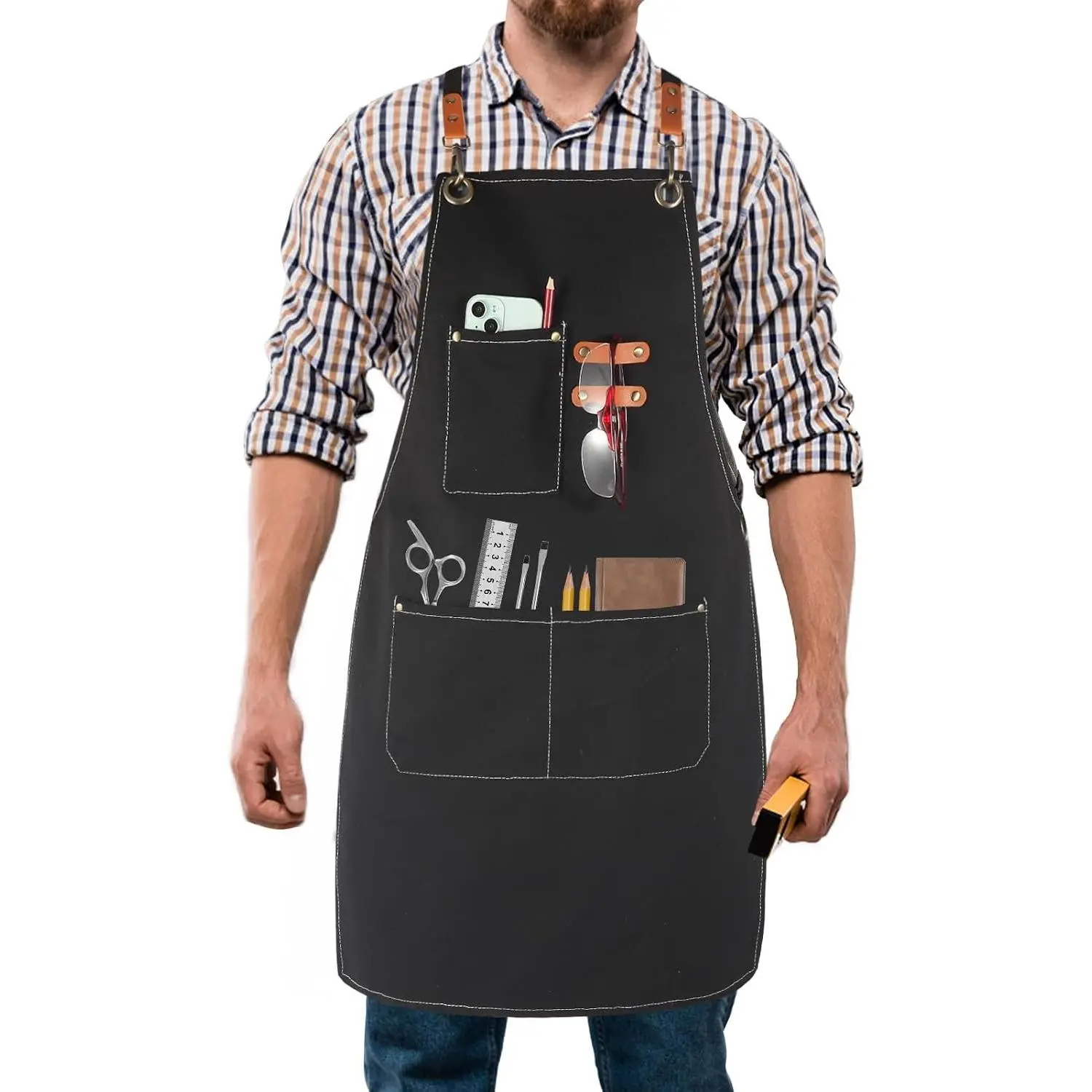 Men's Canvas Tool Apron, Heavy Duty Multi-Pocket Work Apron for Woodworking Gardening Bartender Adjustable Straps
