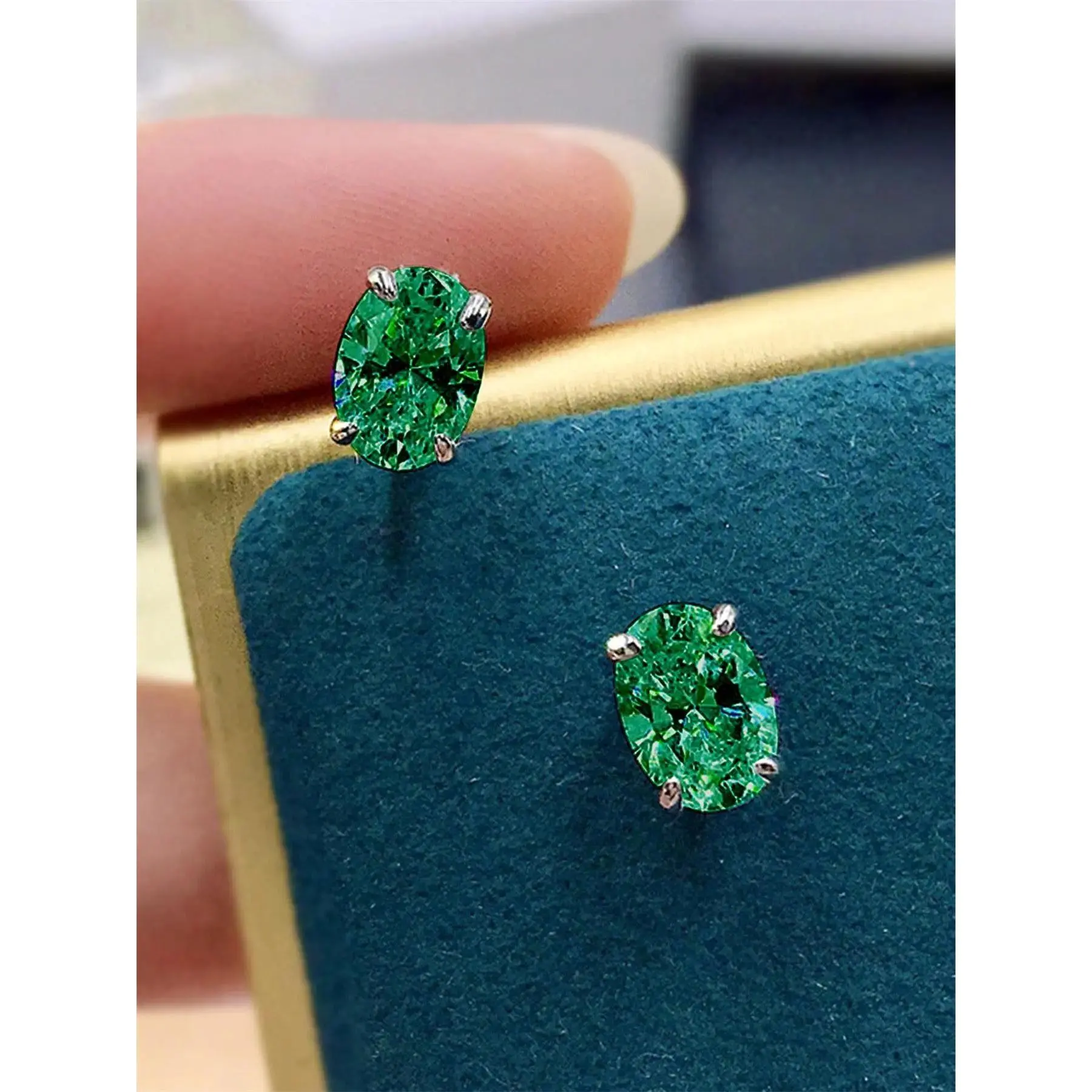 Green Emerald Cut Stud Earrings for Women, Minimalist Solitaire Cubic Zirconia in a 4-Prong Silver Tone Setting, Durable Daily Wear Jewelry, Elegant, Copper, Synthetic, Female, Fashion