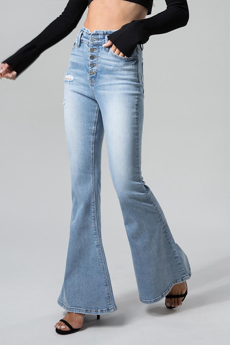 Women's Retro Light Wash High Waisted Flare Jeans, Distressed Bootcut Denim Trousers with Button Fly, Y2K Casual Streetwear for Daily Wear