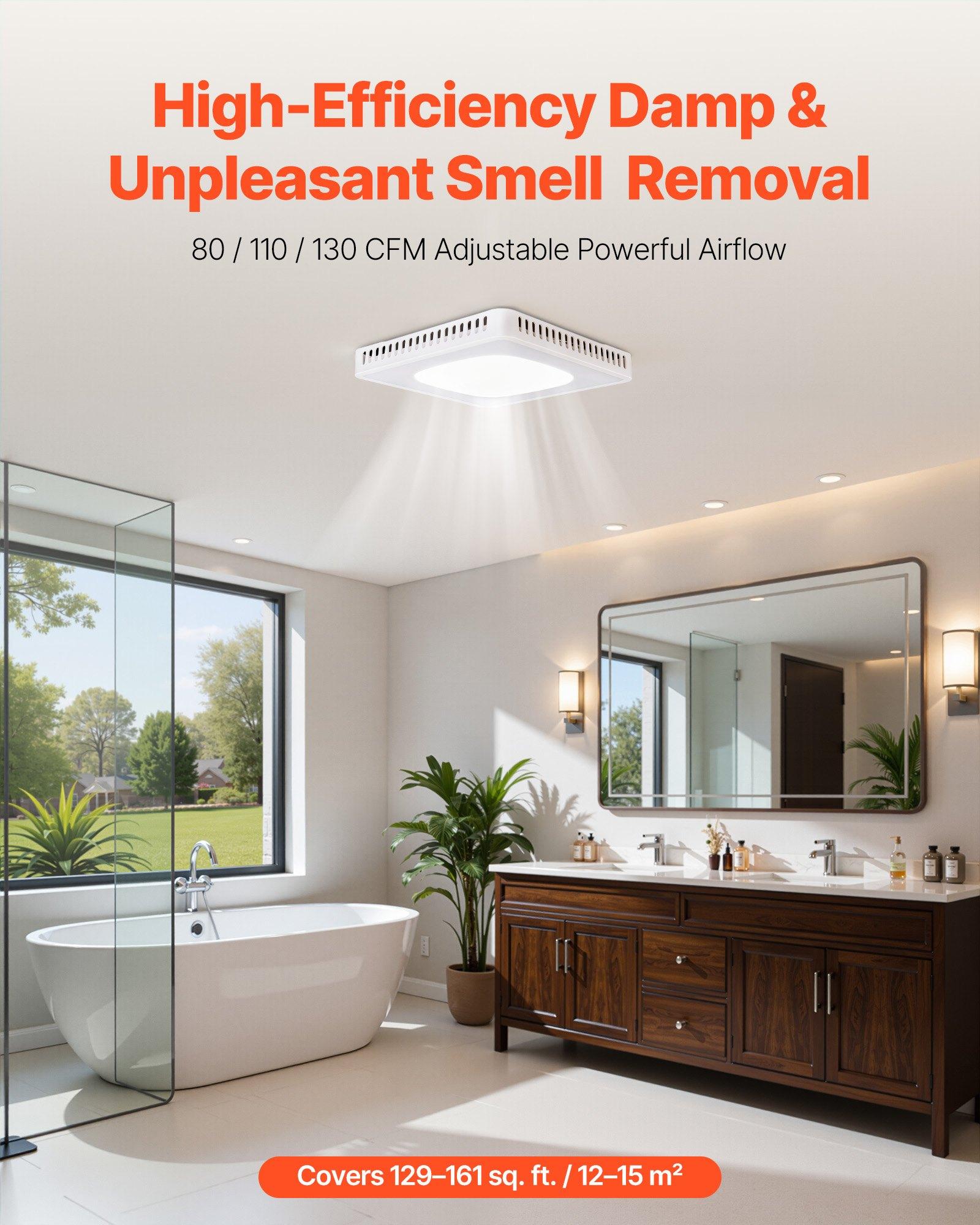 VEVOR Bathroom Exhaust Fan, 80-110-130 CFM Bathroom Vent with Seven Colors RGB Lights, 1.5 Sones Low-Noise, Premium DC Motor Ceiling Fan for KTV Laundry Room, Storage Room, Ventilation, White