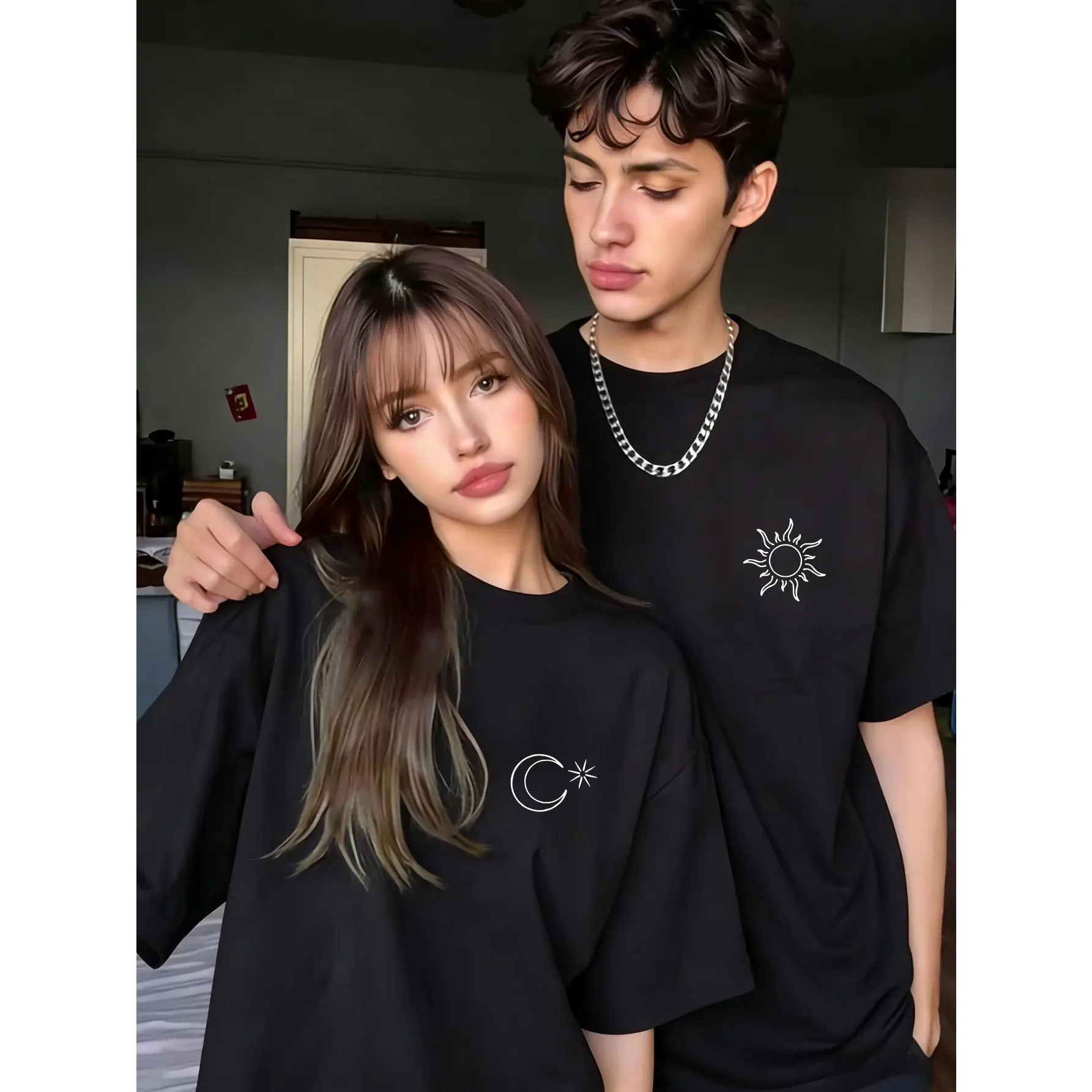 Couple's Casual Cotton Short-Sleeve T-Shirt - 1pc Fashion Sun & Moon Exclusive Heat Transfer Print Clothes, Dating/Travel Wear, Personalized Pattern, Ideal Gift for Boyfriend/Girlfriend, Shortsleeve, Everyday