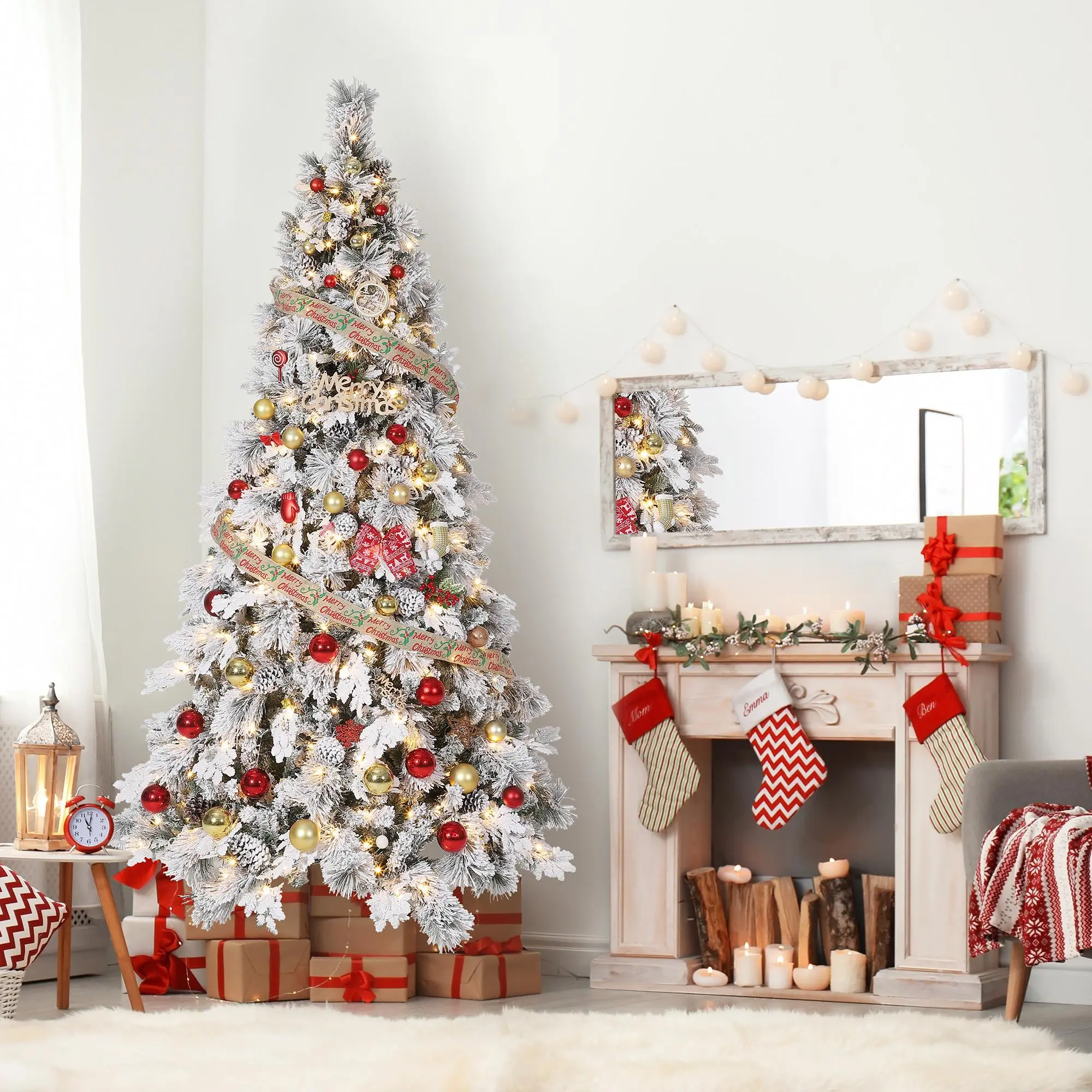 Pre-Lit Snow Flocked Artificial Fraser Fir Christmas Tree (5/6/7/7.5/8/9FT) - 800 Full Tips, Warm White Lights, Hinged Branches, Metal Stand, Easy Assembly, 6ft Option, Festive Decoration for Home & Office, Room Decorations & Ornaments, Traditional