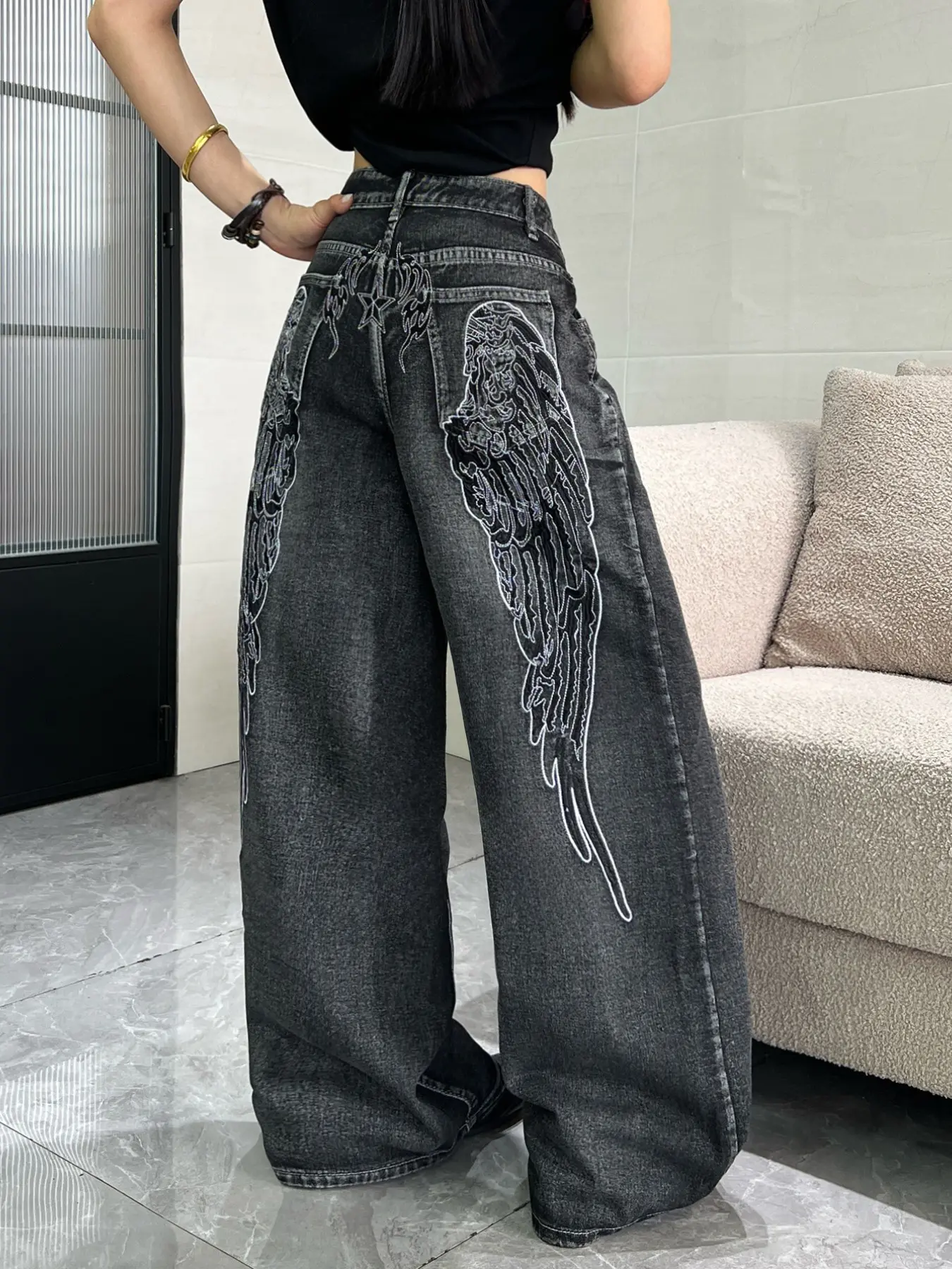 Women's Vintage Washed Wing Embroidery High Waist Straight Leg Wide Leg Jeans, Y2K Street Fashion Streetwear Loose Fit Long Pants Bottom