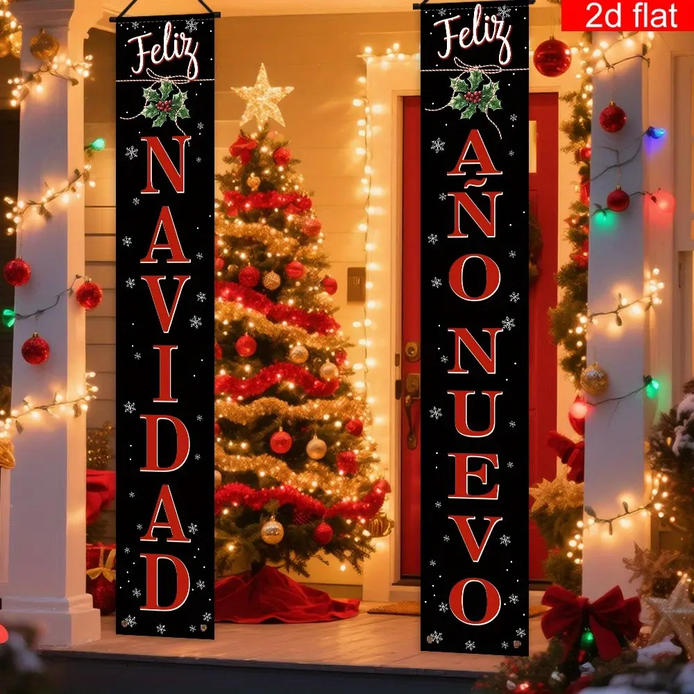 2D Flat Banner, 1 Pair, Spanish Merry Christmas Party Decorations, Polyester, Background Snowflake Design, Holiday Home Wall Decor