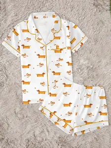 Quirky Wiener Dog & Bow Print Pajama Set for Women | Cute Hot Dog Dachshund Button Up Sleepwear | Soft 2-Piece Short Sleeve Summer Lounge Set with Orange Piping | Fun Sleepover PJs | Cozy Pet Lover Gift Knit