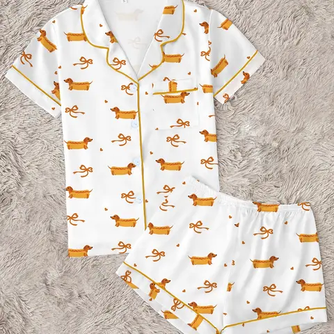 Quirky Wiener Dog & Bow Print 2-Piece Pajama Set for Women, Cute Dachshund Pattern Button-Up Short Sleeve Top & Shorts, Summer Lounge Set, Fun Pet Lover Gift, Nightwear
