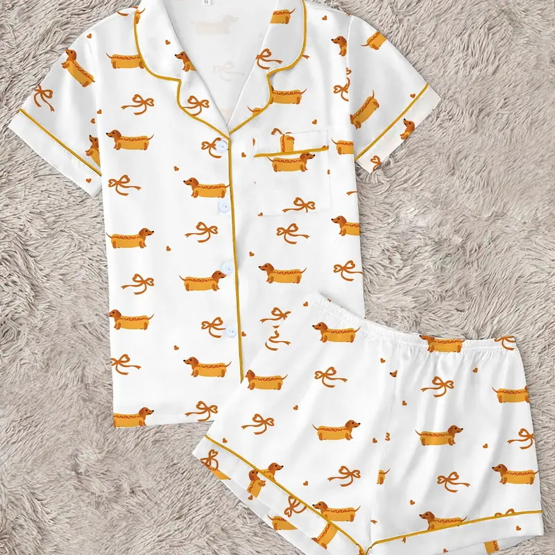 Quirky Wiener Dog & Bow Print 2-Piece Pajama Set for Women, Cute Dachshund Pattern Button-Up Short Sleeve Top & Shorts, Summer Lounge Set, Fun Pet Lover Gift, Nightwear