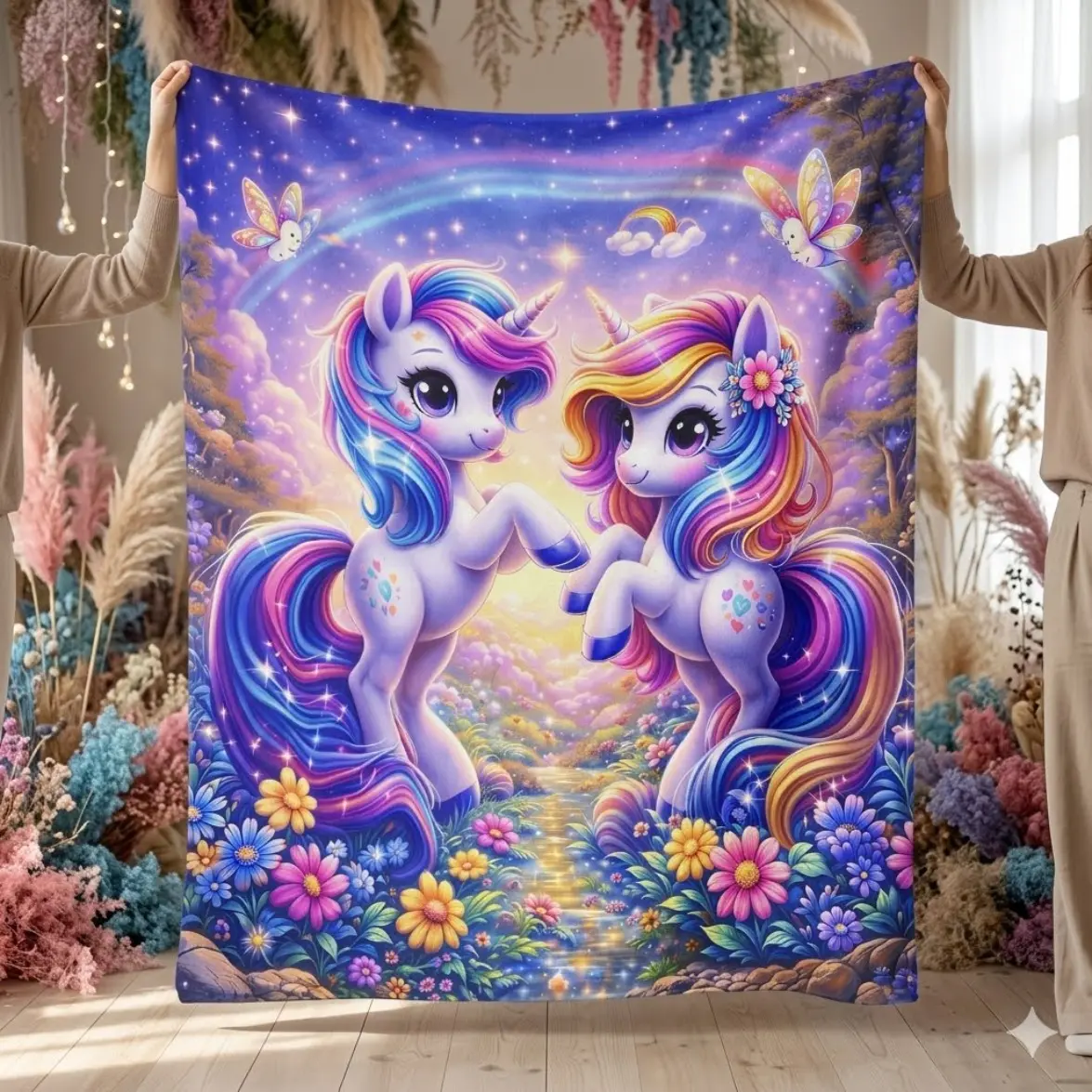 Unicorn Rainbow Fantasy Flannel Blanket - Soft Cozy Throw for Bed Sofa, Cute Pastel Pink Fleece Gift for Kids Toddler Bedroom Bedding Decor