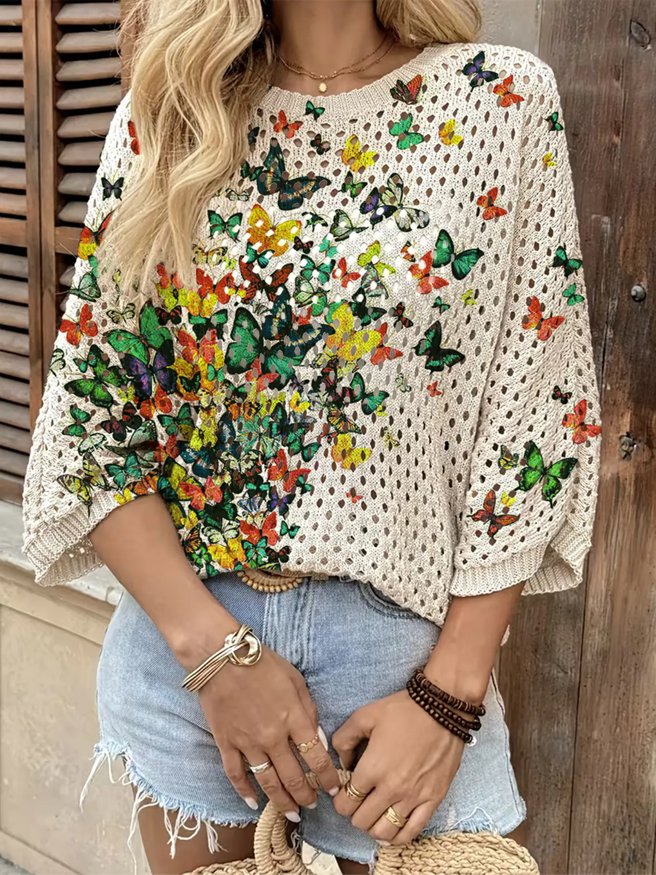 Summer Boho Clothing Batwing Sleeve Top Blouses, Round Neck Hollow Out Knitwear, Butterfly Print, Casual Elegant Office Wear, Beach Cover-Up