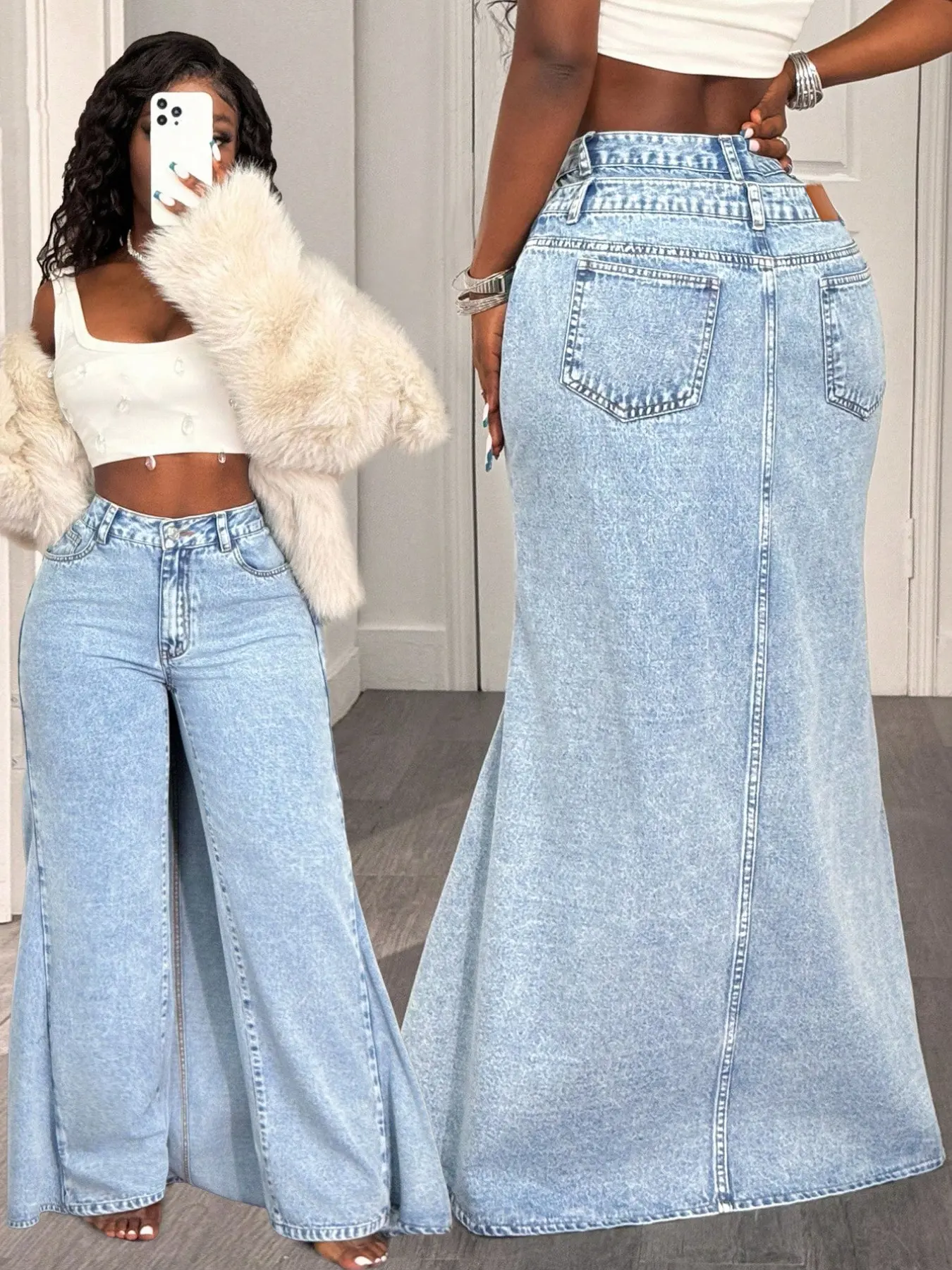 Casual High-Waisted Wide-Leg Jeans, Light Blue Washed Fish Tail Split Design, Long Slimming Fit Women's Denim Jeans, Trendy Fashion Style