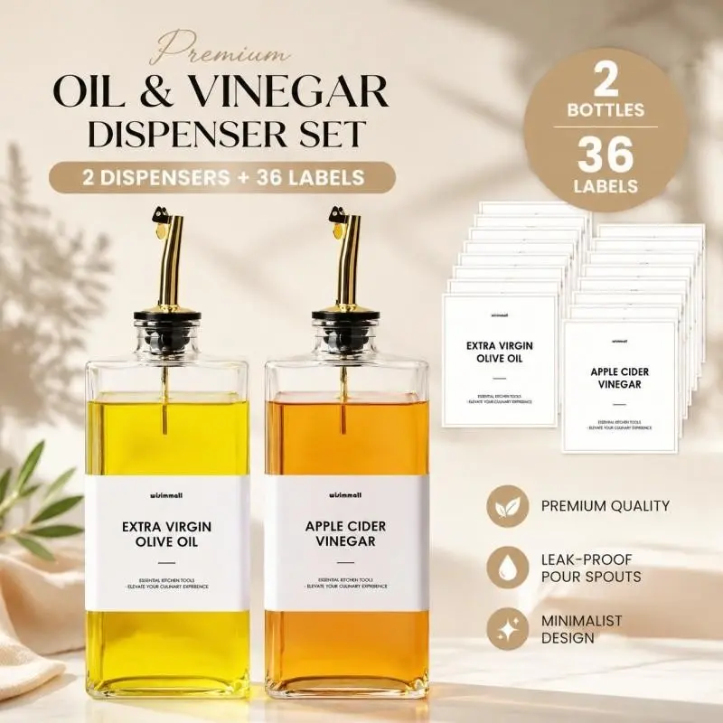 Olive Oil Dispenser For Kitchen, Kitchen Gadgets, Glass Oil Bottle 500ML/16.9OZ Oil And Vinegar Dispenser Set Of 2, Cooking Oil Dispenser With 2 Stainless Steel Pourers & 36 Labels, Soy Sauce Dispenser, Coffee Syrup Bottles