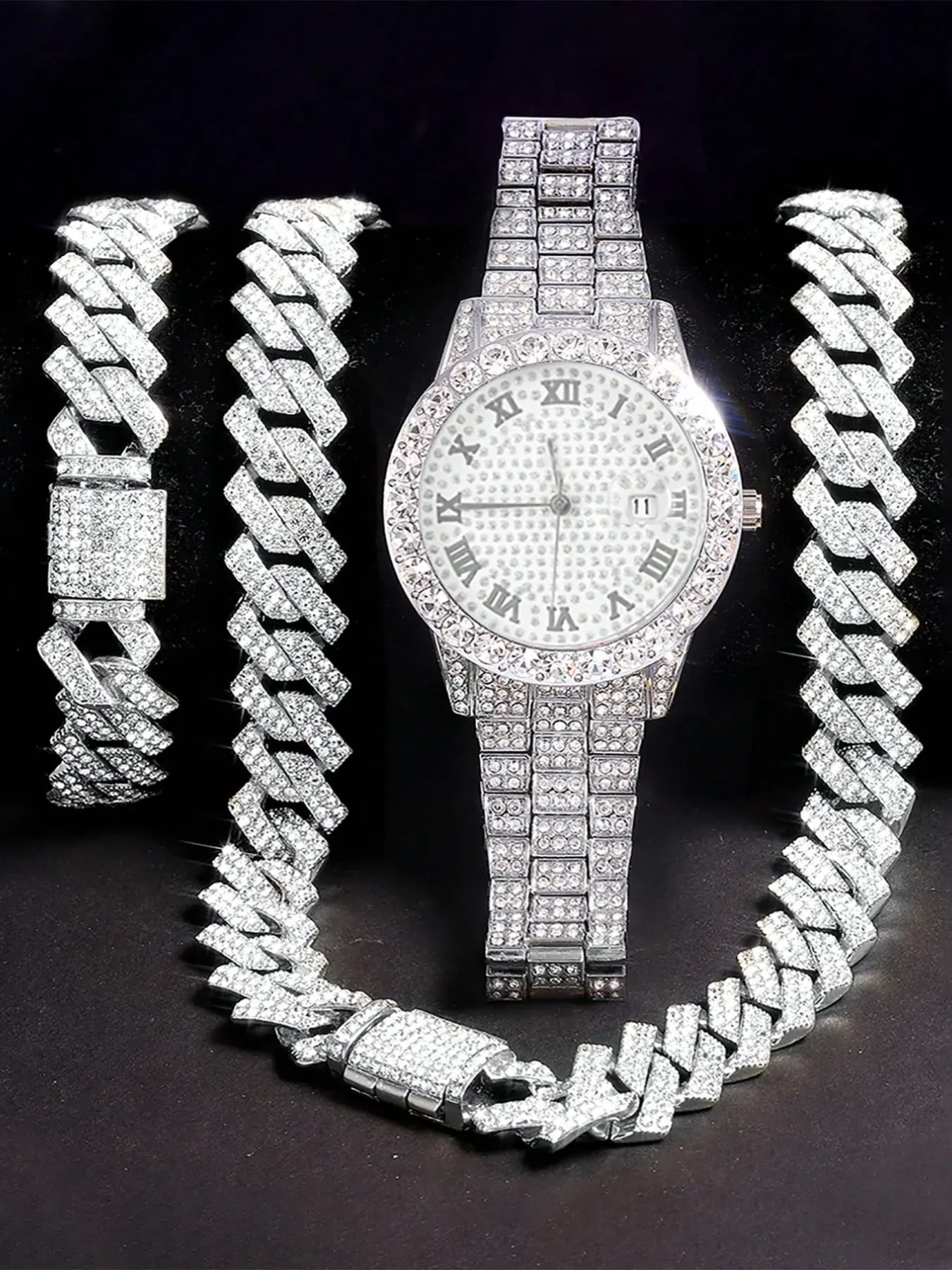 Men's Fashion Water Diamond Watch Set, Bracelet and Necklace, Daily Wear, Party Gift, Hip Hop Shiny Accessories, 3 Piece Set