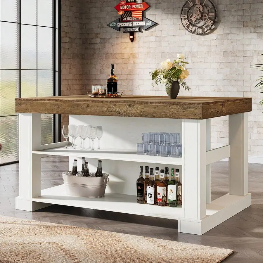 55-Inch Island With 3 Shelves, Large Worktop Shelf With Stable Wooden Structure, Farmhouse Style, Easy Assembly, White And Brown
