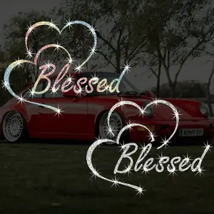 Bling Rhinestone Blessed Car Sticker 1-Piece Glitter Love Heart Christian Faith Decal Waterproof Religious Crucifix Auto Exterior Window Bumper Tailgate Decor Gift