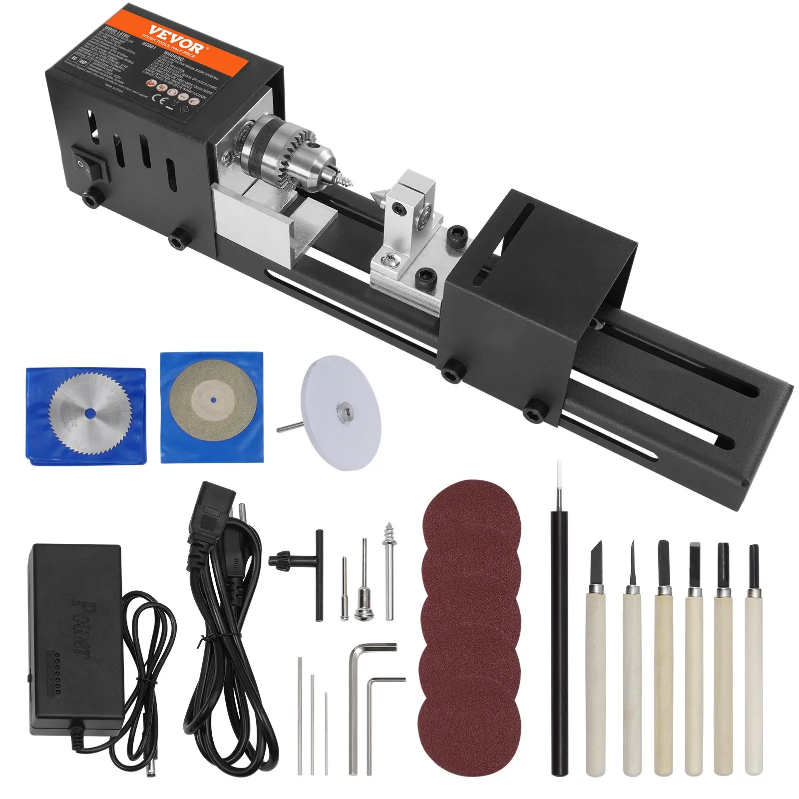 VEVOR Compact Lathe Machine with 96W Power, 2.76x6.3in Size, 24VDC Motor, 7 Adjustable Speeds (4220-8450 RPM), Milling Machine Accessories Included, Ideal for DIY Woodworking