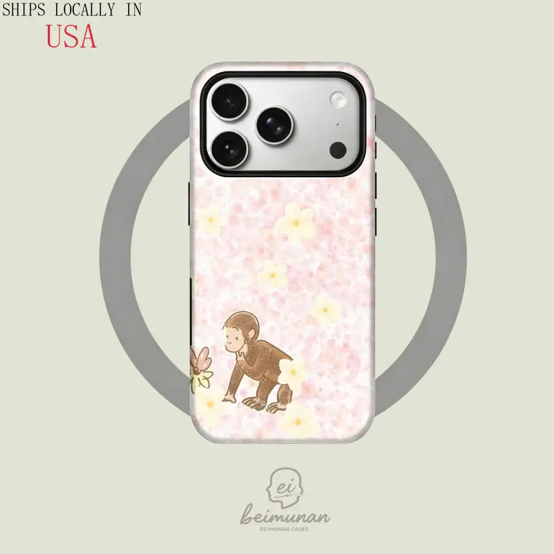 [MagSafe Case]Cute pink watercolor-style hand-painted monkey and butterfly design, sturdy and durable 2-in-1 protective case, MagSafe compatible, suitable for iPhone 17/16/15/14/13/12/11 Pro Max/Plus/Pro, simple and stylish phone case, perfect birthday