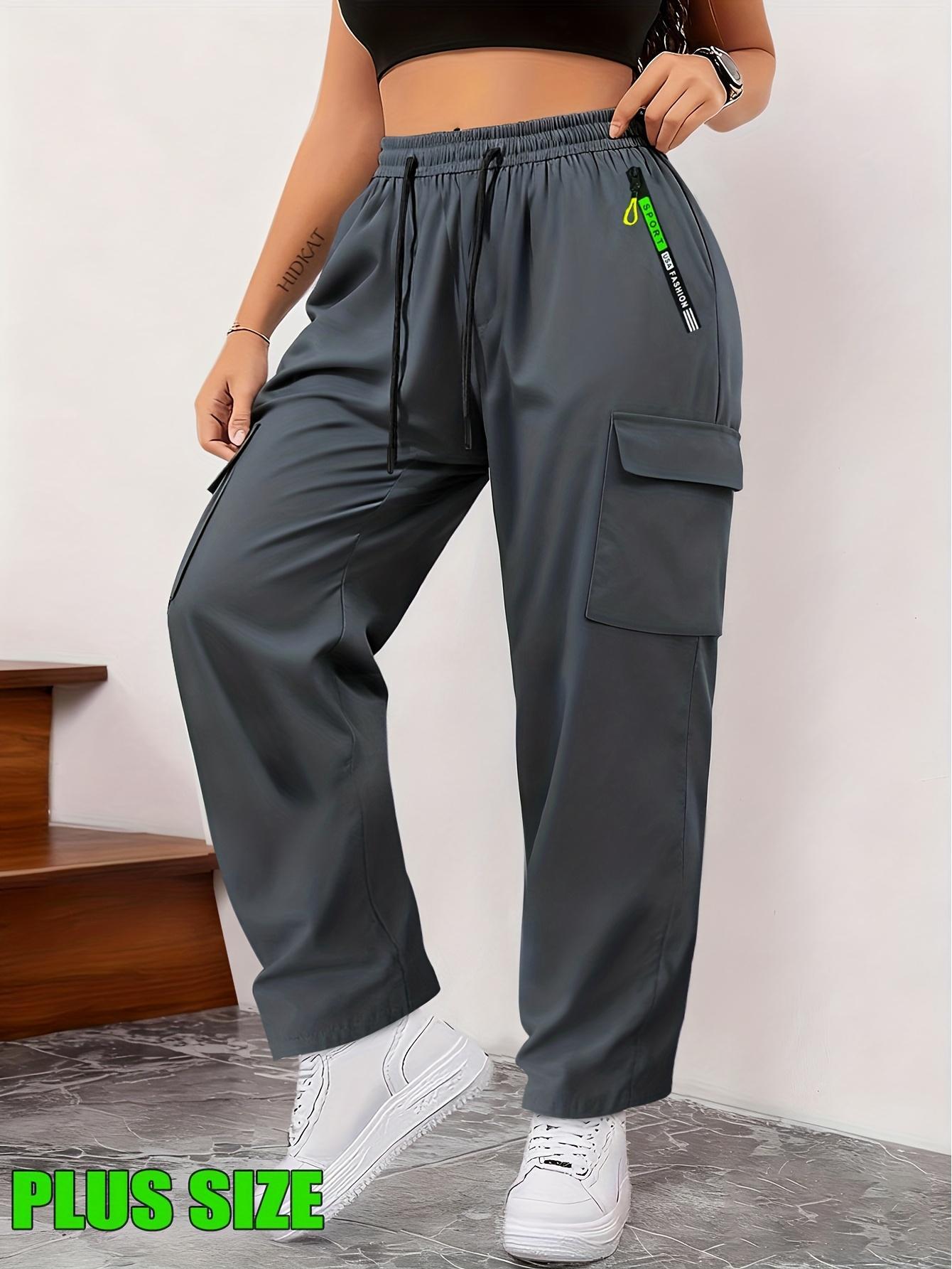 Large women's multi pocket zipper workwear casual sports pants Drawstring elastic waist breathable outdoor hiking straight leg pants Fat mm loose slimming workwear style fitness running pants