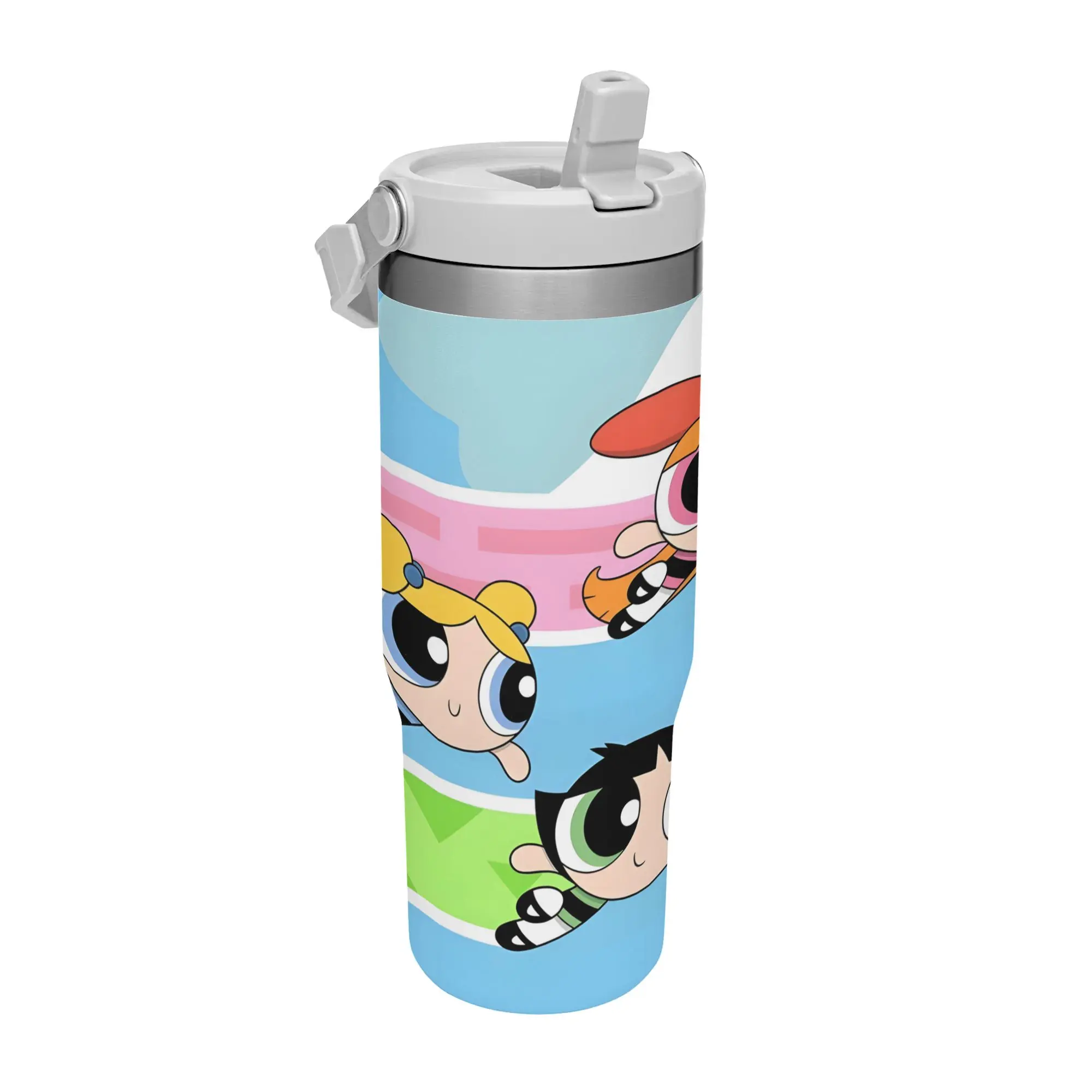 【Back to School】Warner Bros. The Powerpuff Girls Blossom Bubbles Buttercup Flip Straw Tumbler with Handle, 30oz Stainless Steel Vacuum Insulated Travel Mug, Leak Proof Spill Resistant Water Cup, Pastel Color Block Flying Cartoon Character Design Reusable