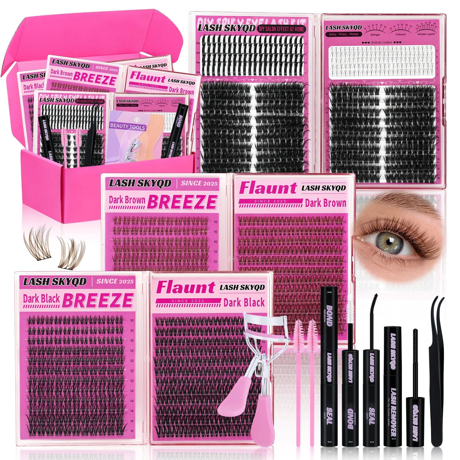 1032 Pcs D Curl Eyelash Clusters Set, Mixed 5-21mm 8 Styles Bottom/Spike/Wipsy/Cat Lashes Brown&Black Lashes, Kit with Bond&Seal Remover Tweezers Eyelash Curler Lash Brush, DIY at Home Easily, Easy Apply for Makeup Daily