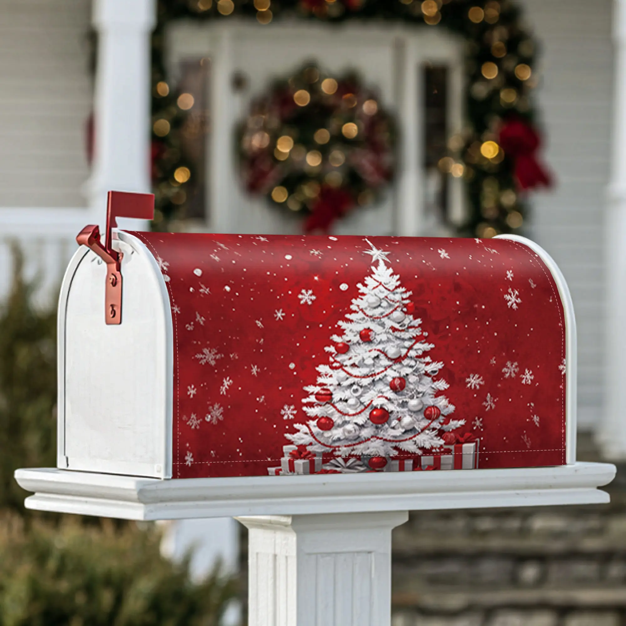 Christmas tree Magnetic Mailbox Covers, Christmas festive ornaments presents Christmas red Seasonal Mailbox Cover for Front Porch Decor