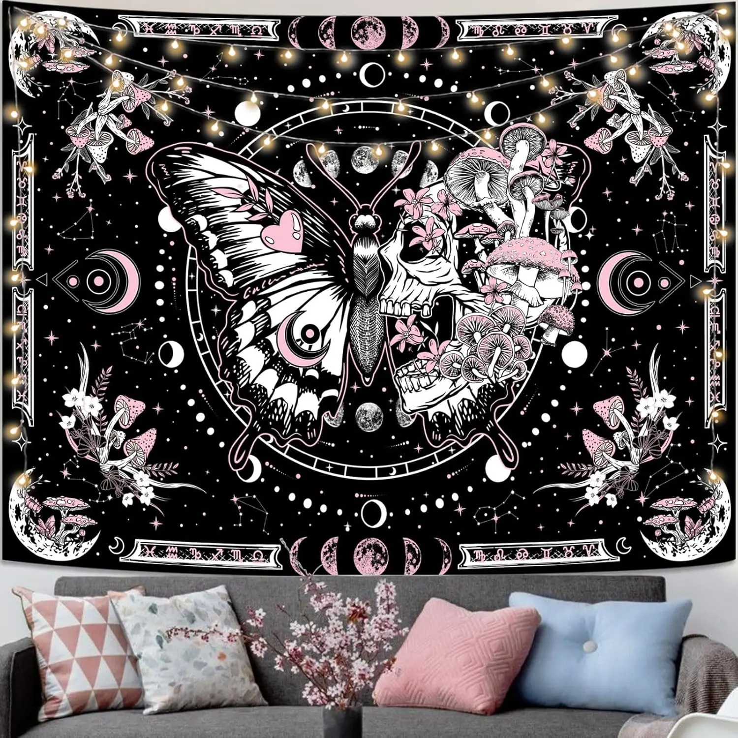 Fungarth Skeleton Butterfly Tapestry Pink Skull Hippie Mushroom Plants Tapestry for Bedroom Moon phase Aesthetic Tapestries Wall Hanging for Living Room Dorm