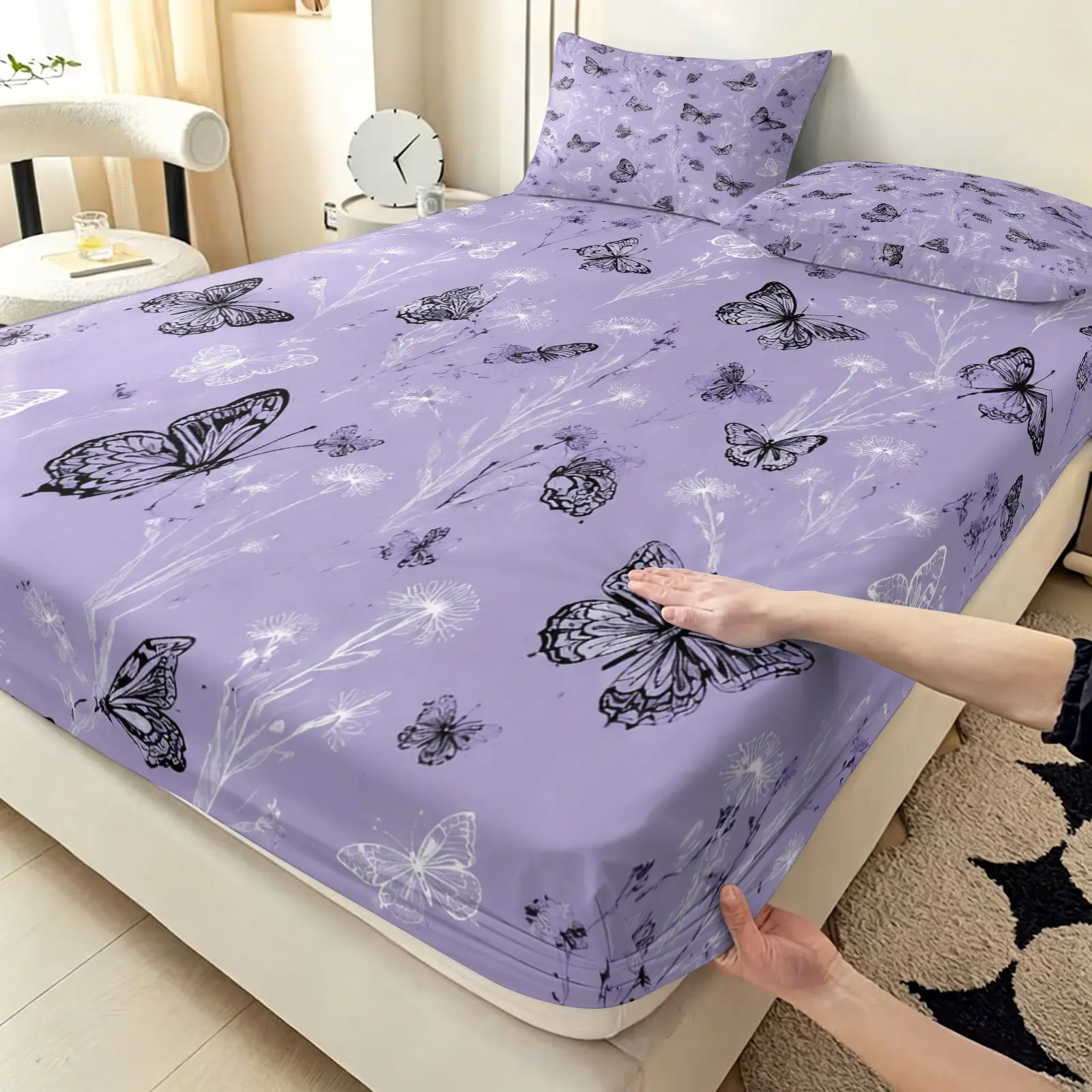 3pc Lavender Watercolor Butterfly Bedding Set, Cute Bedding, with 25cm deep pockets, including 1 bed sheet and 2 pillow covers, available in multiple sizes, ideal as a gift for special occasions, suitable for bedrooms, guest rooms