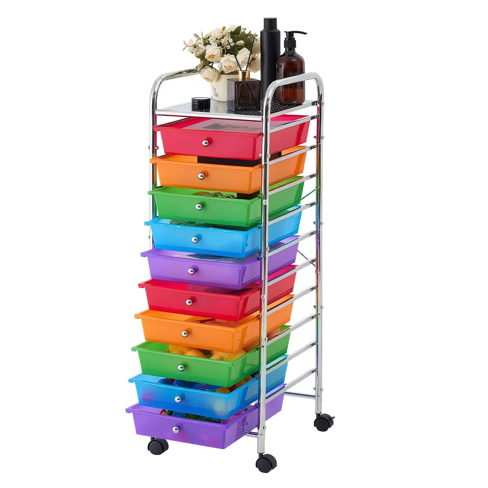 VEVOR Rolling Cart with Drawers, 10 Drawer Storage Organizer, Mobile Utility Cart with Steel Frame, Universal Casters 2 Brakes, Great for Office, Classroom, Craft Tools, Garage, Studio, Rainbow