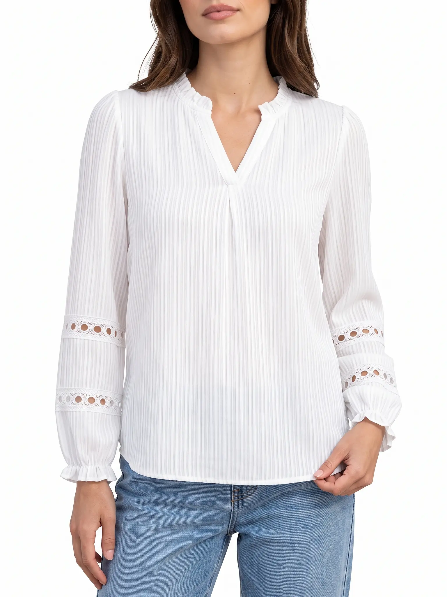 Women's Ruffle V-Neck Eyelet Blouse, Long-Sleeve Top for Workdays and Everyday Wear