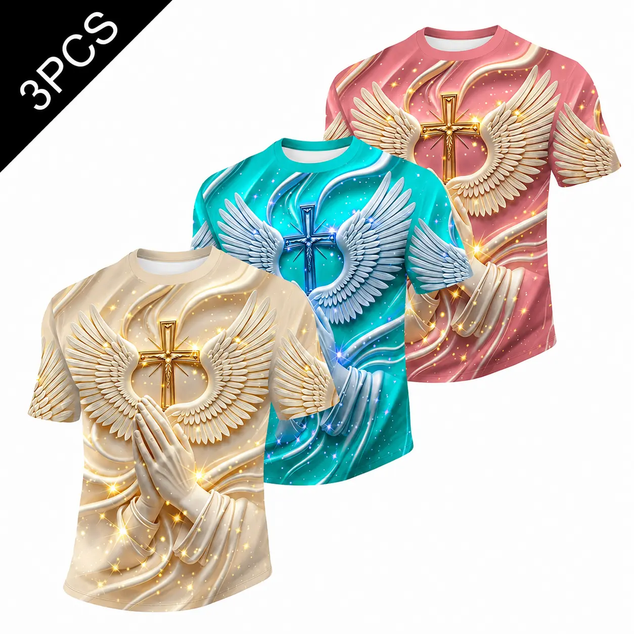 3PACK New Religious Prayer Hand Angel Wings Cross Printed Men's Round Neck 3D HD Pattern Short Sleeve Shirt, Trendy Avant Garde Sports Loose Tee