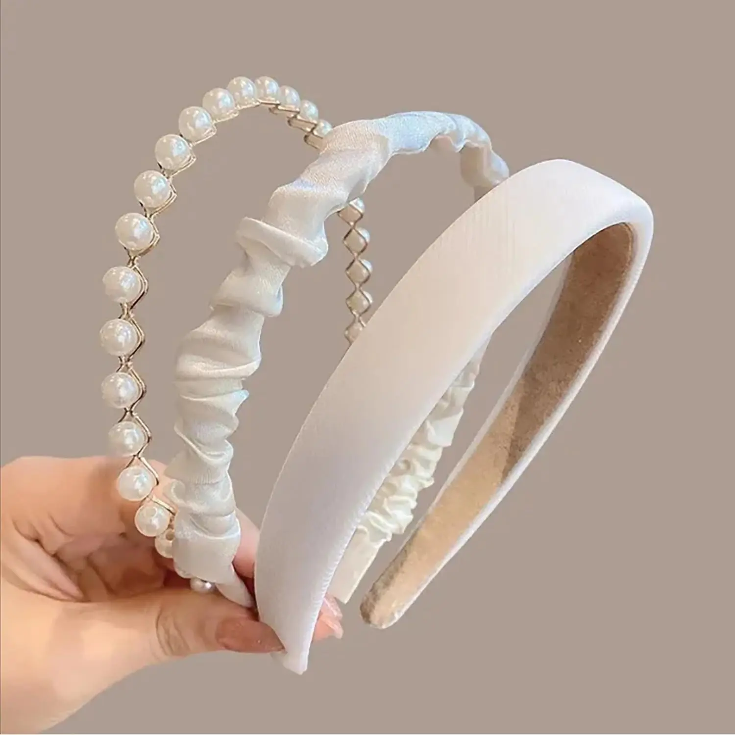 Female Vintage Wide Padded Headbands, 3-Piece Non-Slip Set for Women & Girls with Pearl Accents, Wide-Size Padded Fabric