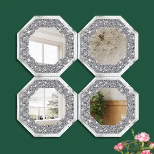 4pcs Modern European Luxury Rhinestone Octagon Wall Mirror, Living Room Entryway Dining Background Art Hanging Mirror, Home Decorative Mirror