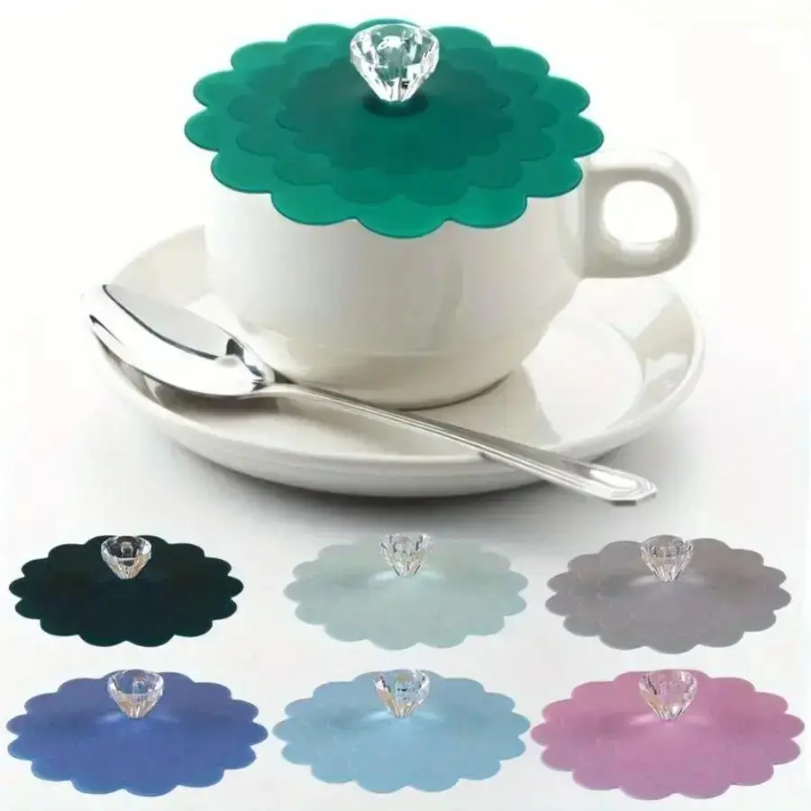 Silicone Cup Covers, 6-Pack with Decorative Diamond Knobs - Airtight, Reusable & Portable Beverage Seals for Mugs and Tumblers