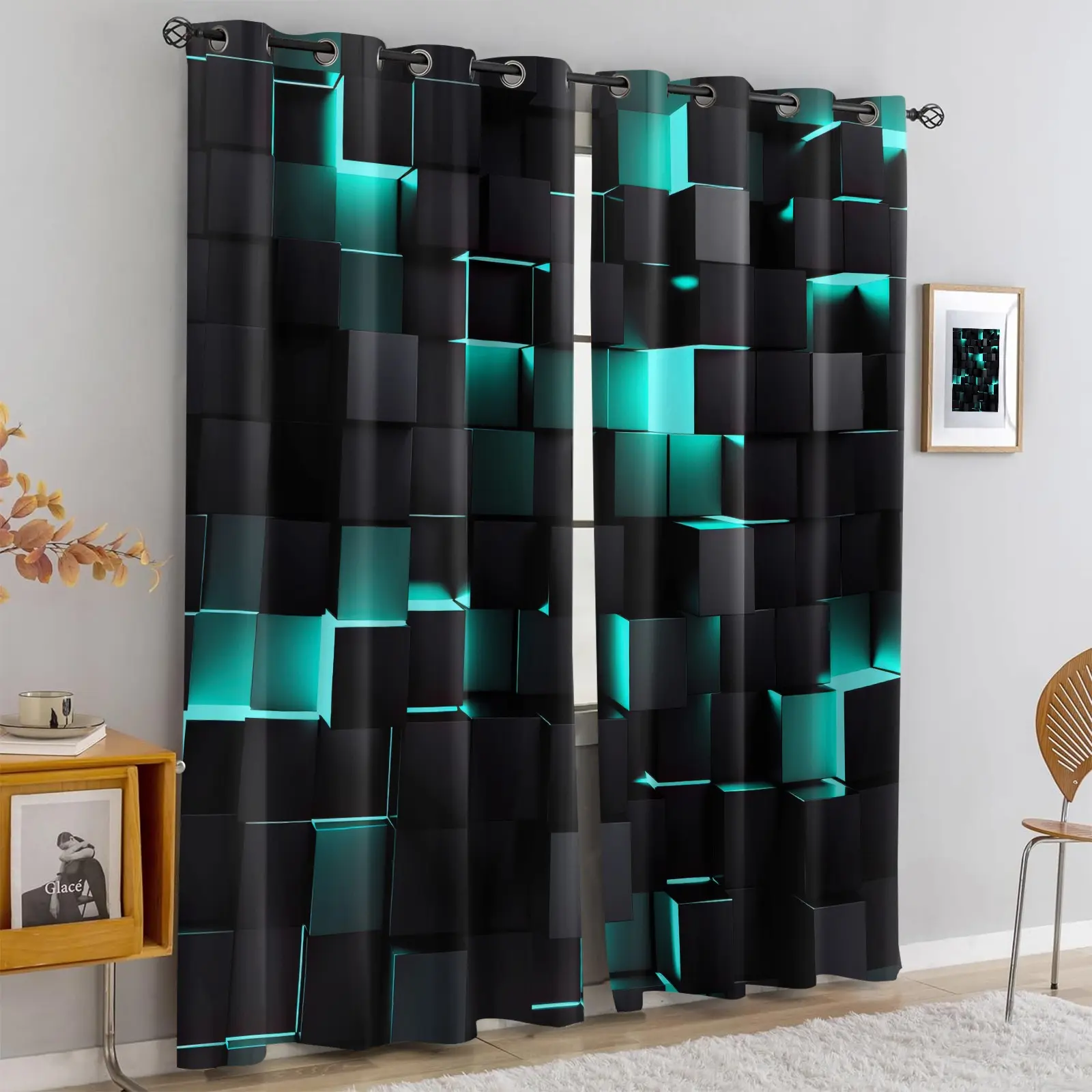 Neon Glow 3D Cube Geometric Blackout Curtains, Dark Stereo Square Block Abstract Pattern Grommet Thermal Window Curtains, Triple Weave Room Darkening Drapes for Game Room Man Cave E-sports Aesthetic Decor