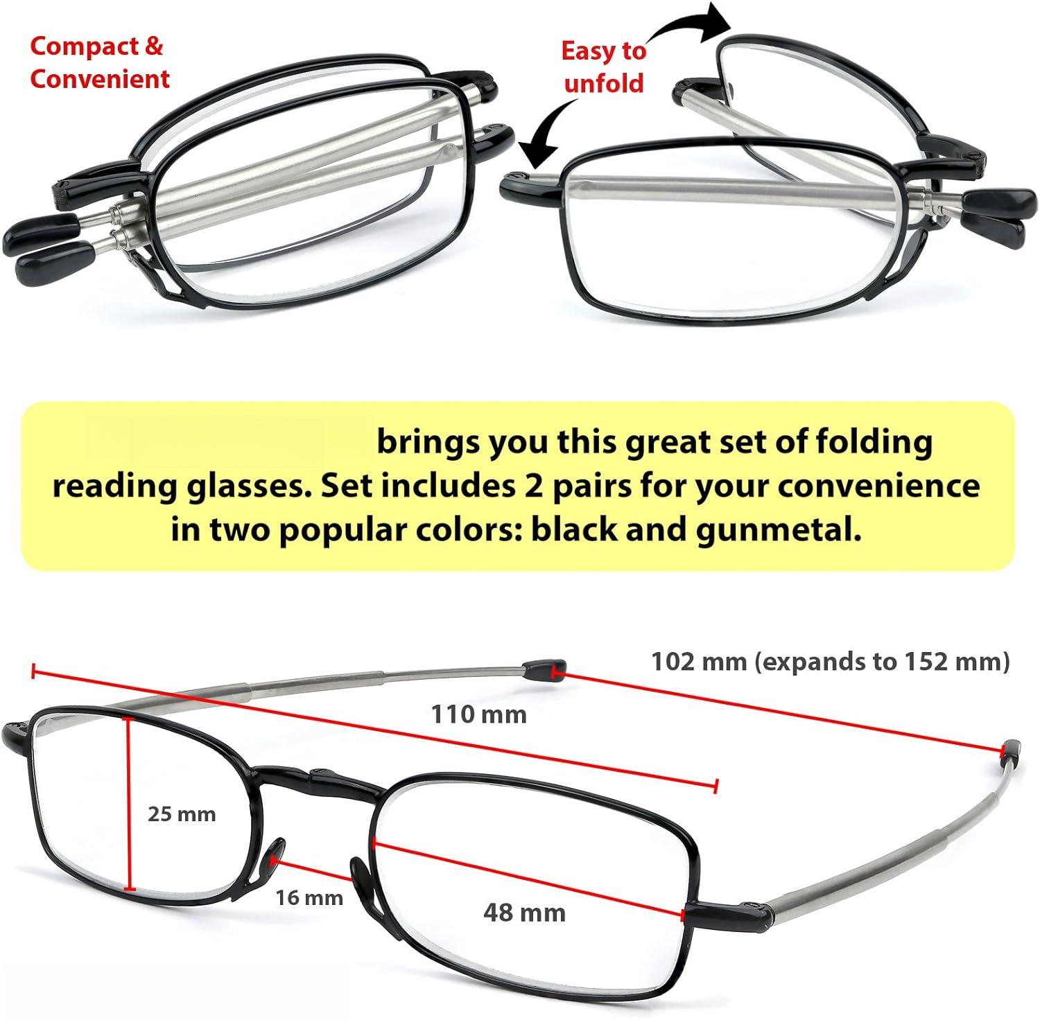 Reading Glasses 2 Pair Black and Gunmetal Readers Compact Folding Unisex Glasses for Reading Case Included