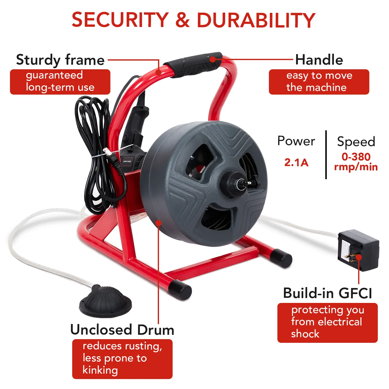 Garvee 50FT Electric Drain Auger Machine, 5/16" Cable Sewer Snake for 3/4"-3" Pipes - Automatic Feed - Foot Switch - Includes 6 Cutters, Gloves - Portable Drain Snake