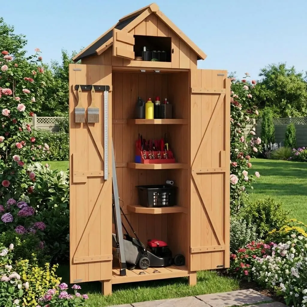 70 in Wooden Outdoor Storage Cabinet with Waterproof Sloped Roof, Lockable Double Doors, and 3 Adjustable Shelves