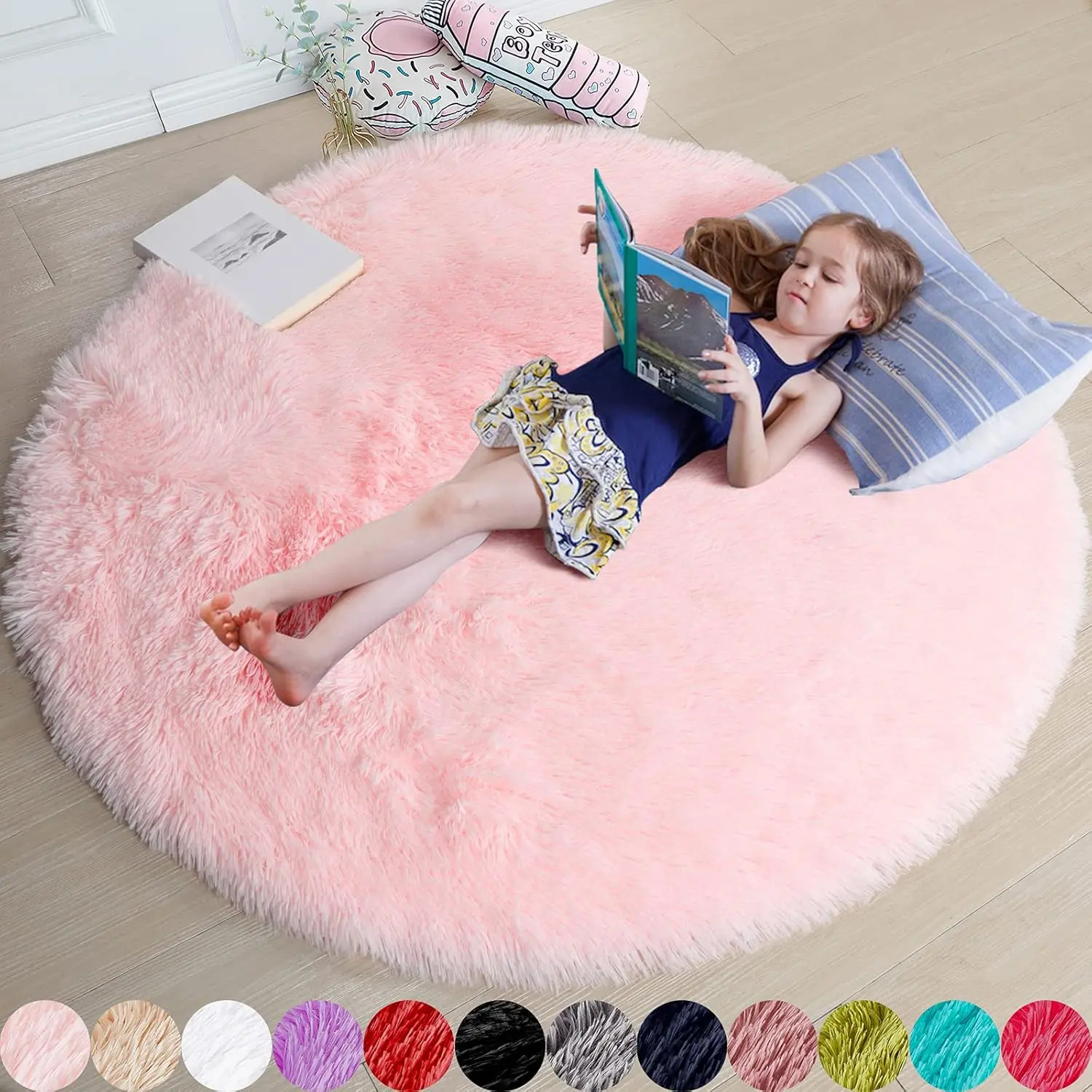Fluffy Fur Solid Round Area Rug - 4ft Light Pink Soft Texture Floor Decor for Girls' Bedroom, Nursery Home Supplies, Kids Room Decor, One-Piece