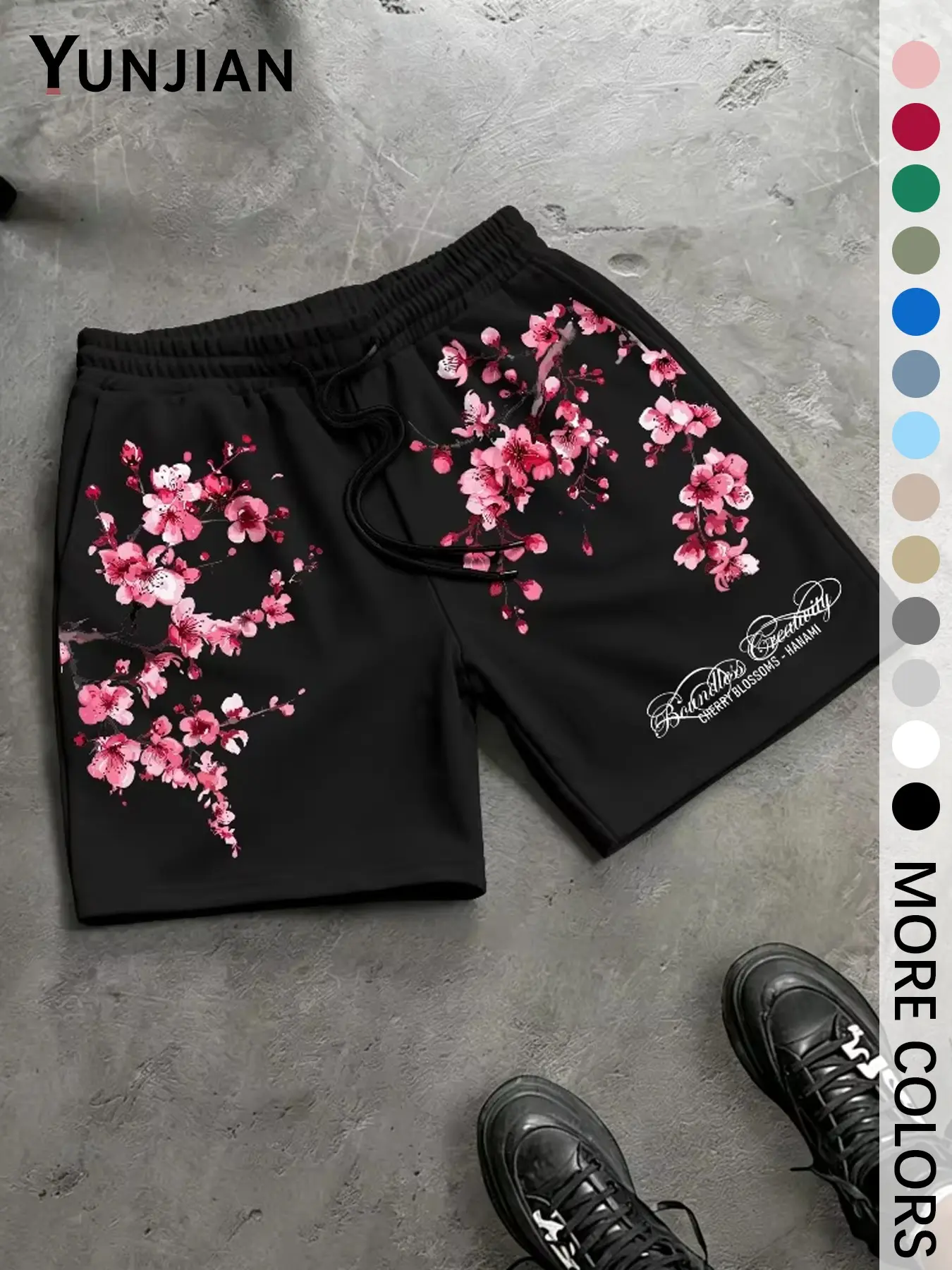 Men's Drawstring Casual Shorts, Loose Fit Cherry Blossom Print, Adjustable Waist, Side Pockets, Breathable Summer Shorts
