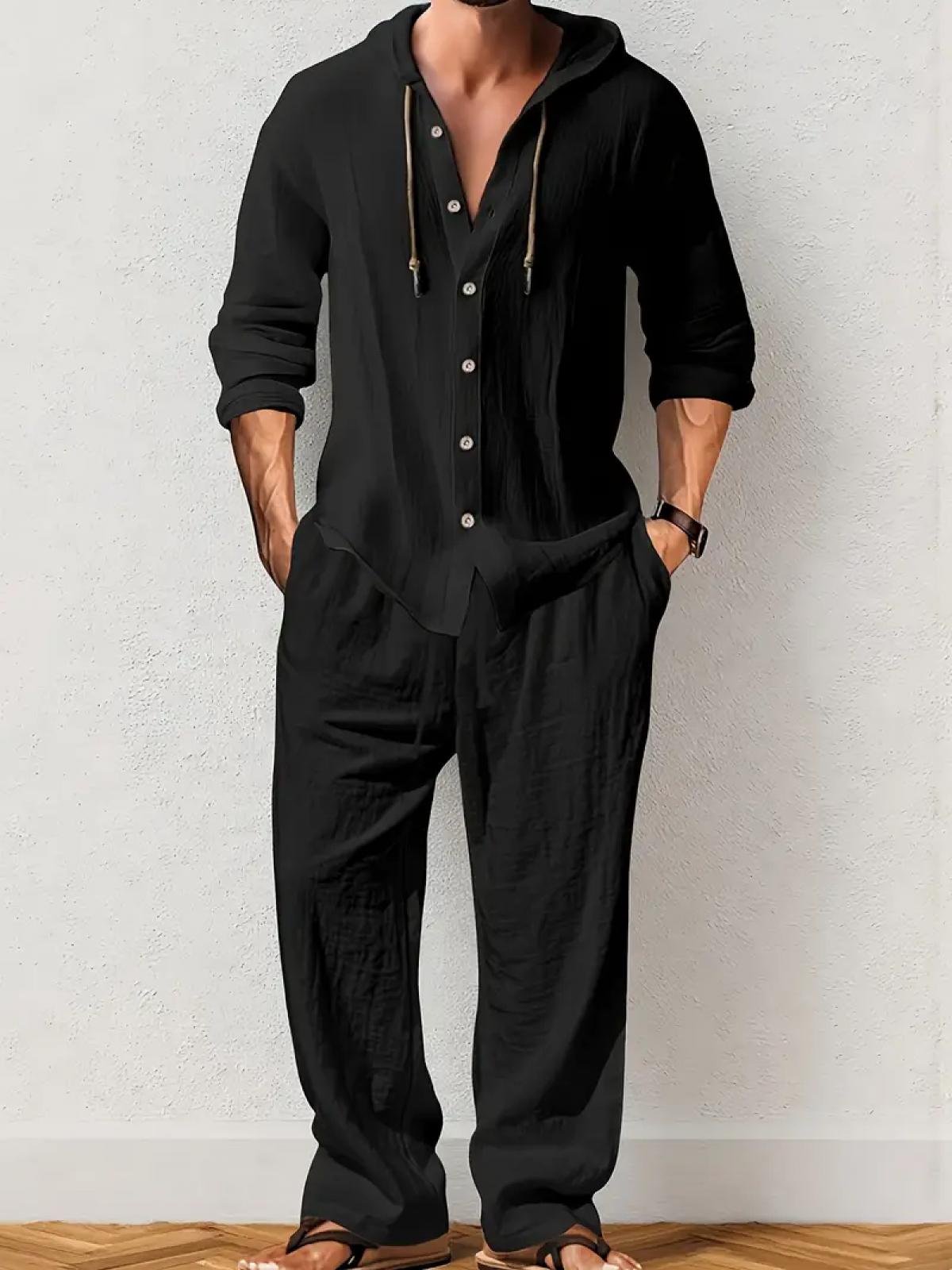 2-Piece Set Men's lightweight  Trendy Hooded，Made From Soft Linen，Casual Vacation Style, Loose Fit Breathable Fabric,Long Hoodie & Wide-Leg Pants, Summer Wear outdoorfun Sweatshirt Clothes Fashion Trouser