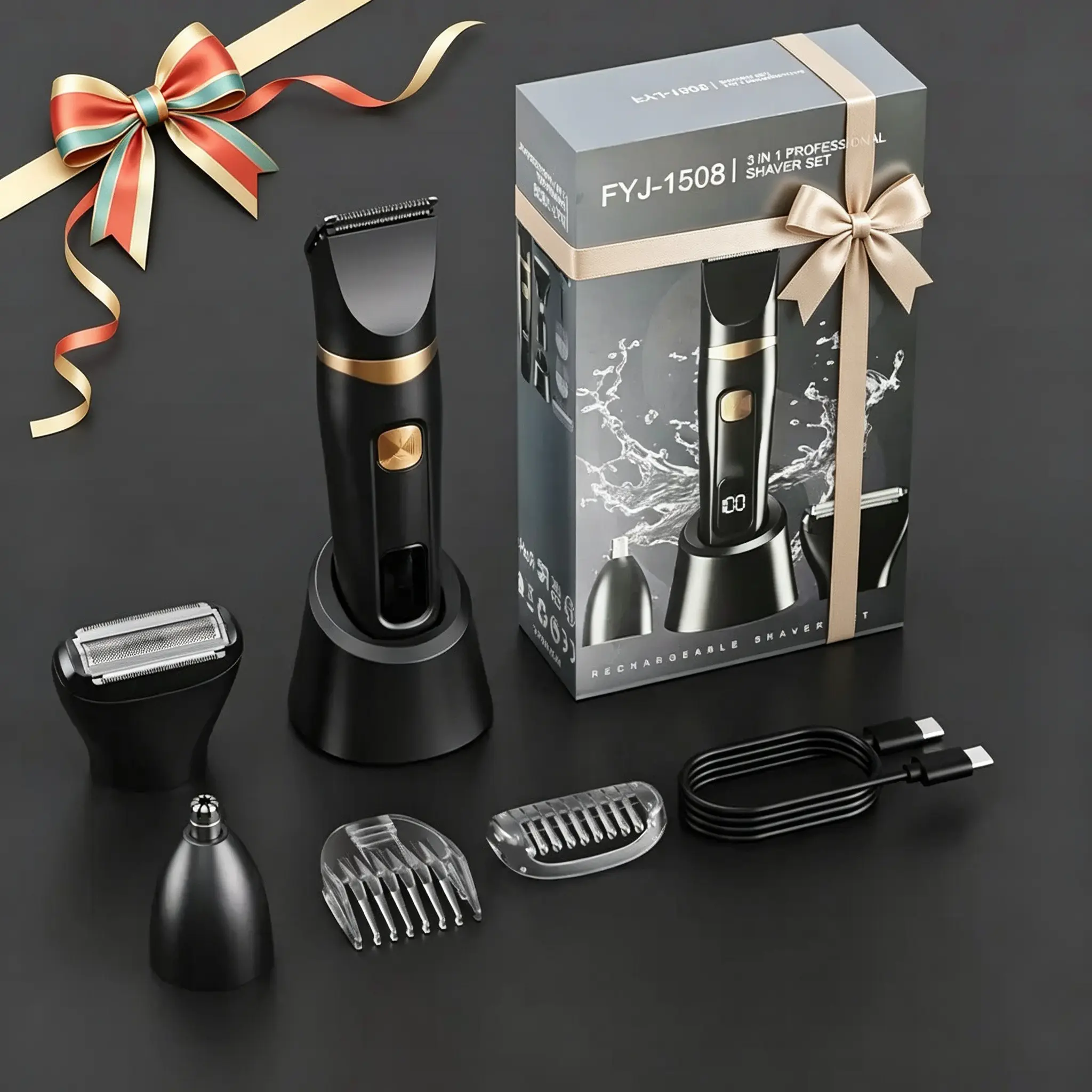 3-in-1 Electric Body Hair Remover, Men's Groin Hair Trimmer, Electric Shaver and Nose Hair Trimmer, Men's Wireless Hair Removal Device with Stand, Battery Powered Trimmer