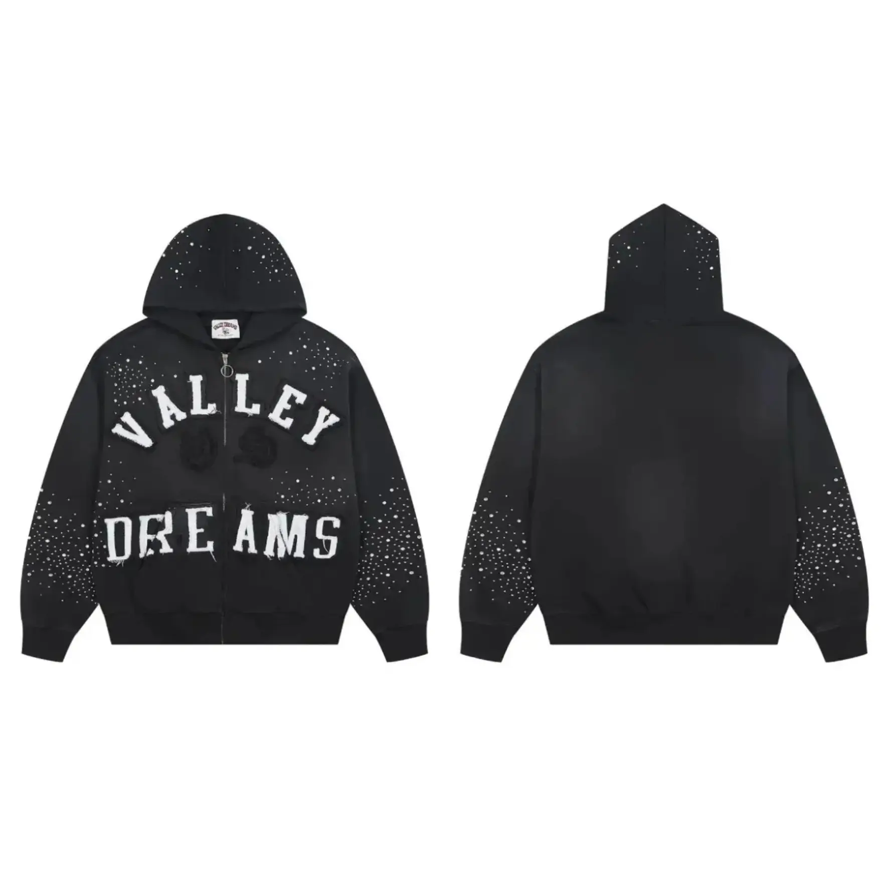 VALLEY DREAMS Rhinestone Star Splatter Distressed Patch Zip Up Hoodie 100% Cotton Loose Oversized Y2K Hooded Sweatshirt Autumn Winter Streetwear Jacket Top Men Women Unisex